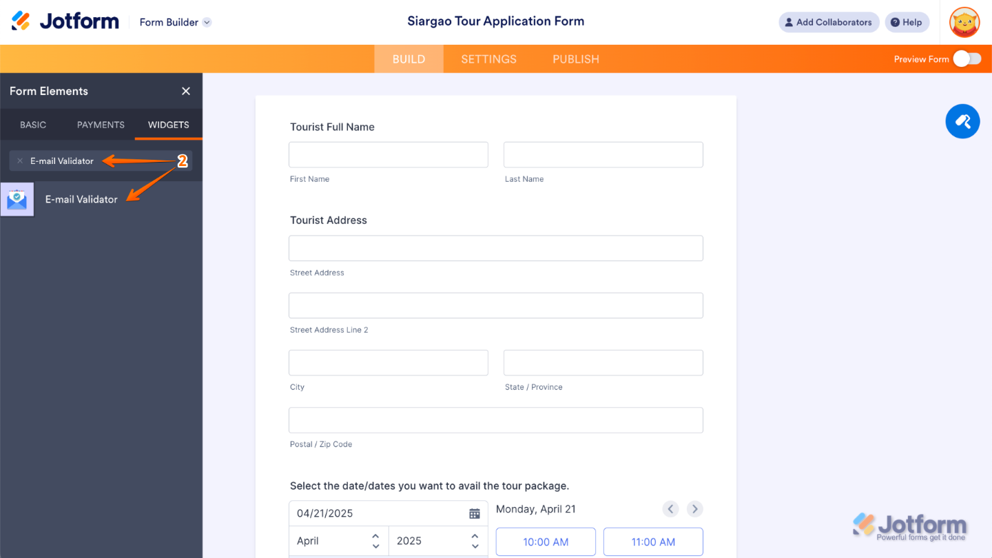 Selecting the E-mail Validator widget from the list under the Widgets tab
