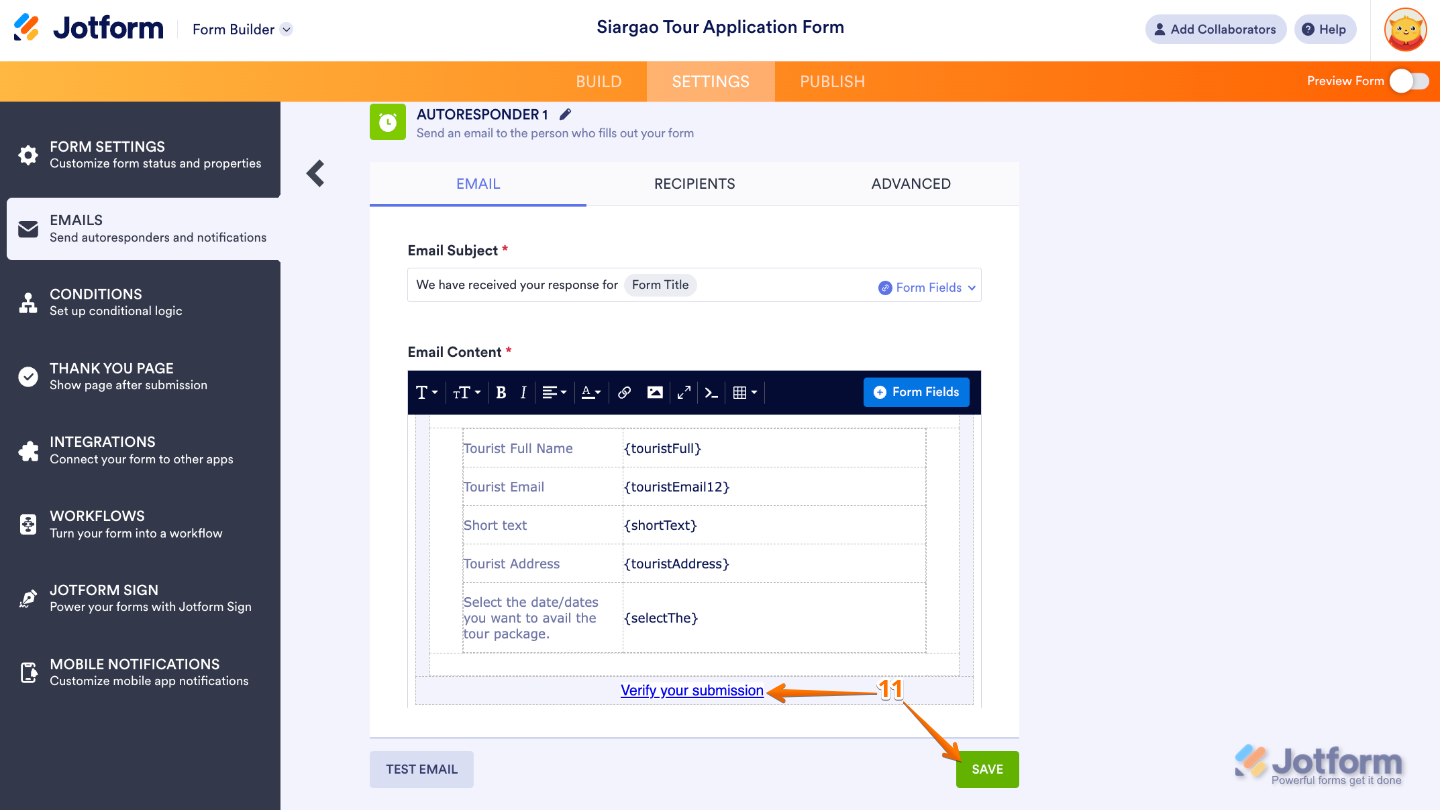 Pasting the verification link into the Autoresponder Email content section and saving the changes