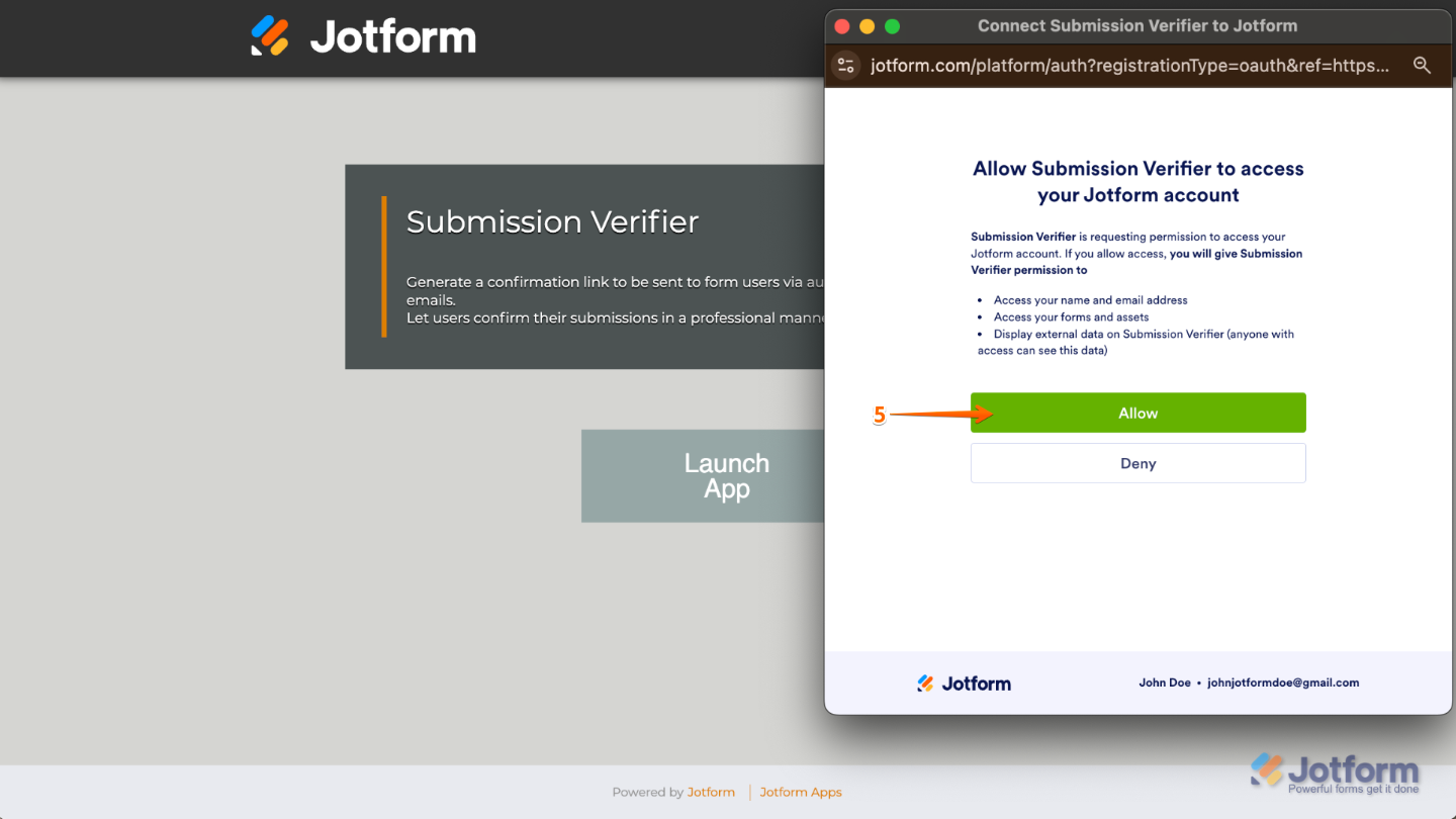 Granting permission in Jotform Submission Verifier by clicking the Allow button in the confirmation window