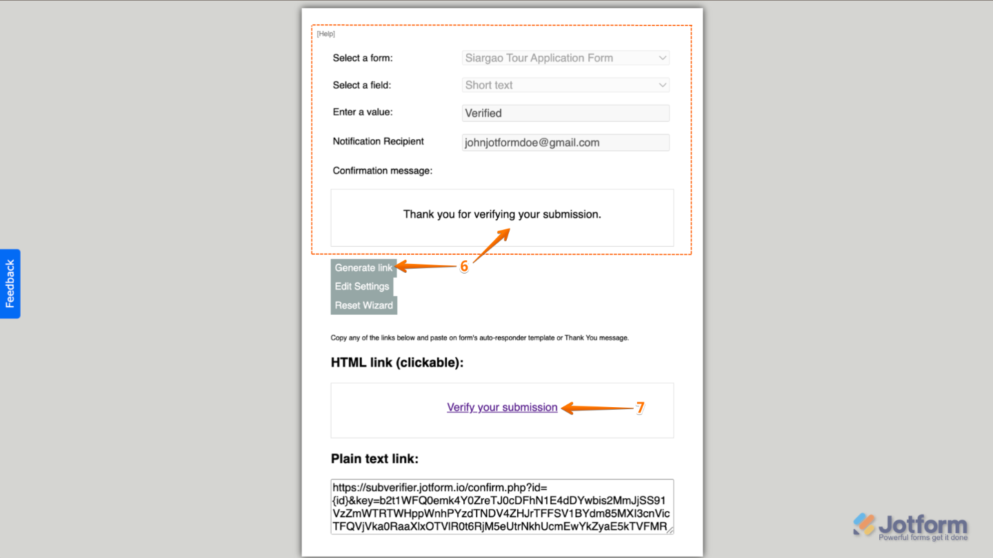 Configuring email verification settings in Jotform Submission Verifier and generating a verification link