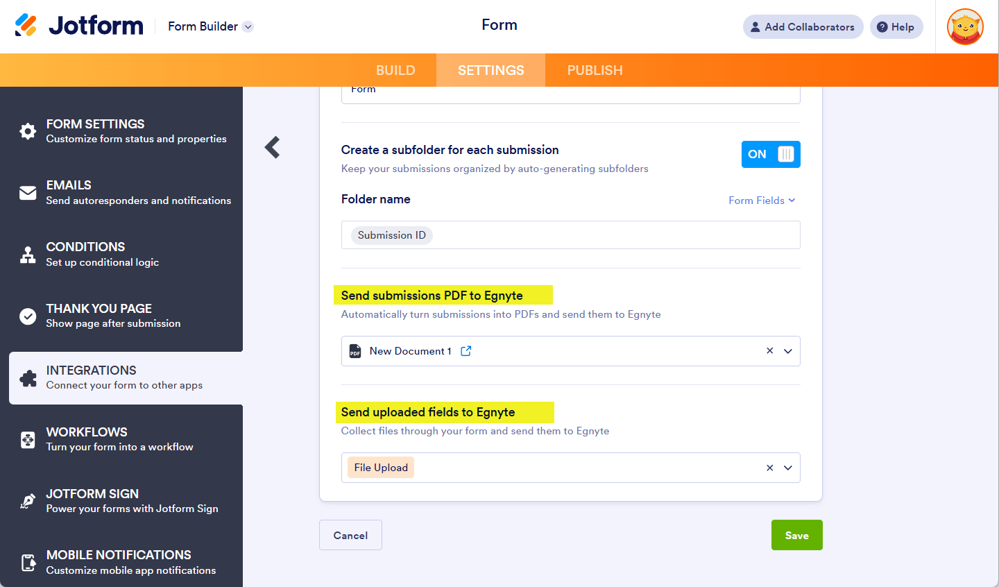 Configuración de PDF y carga de archivos en los ajustes de integración de Egnyte