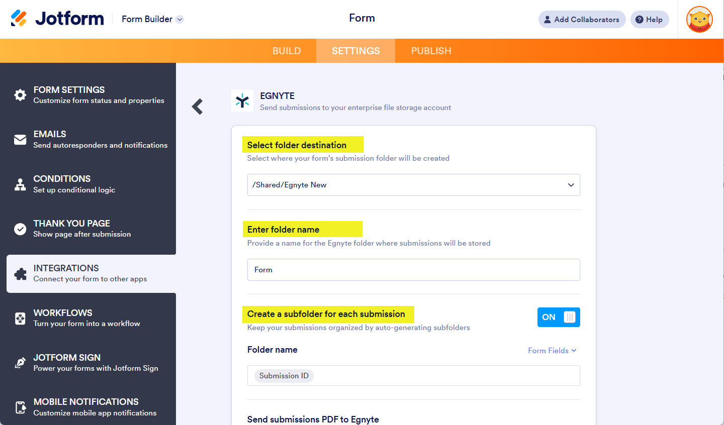 Configuración de carpetas en los ajustes de integración de Egnyte