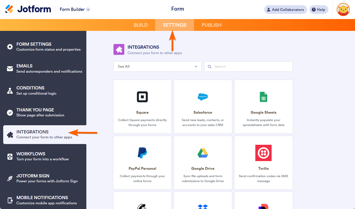 Sección de integraciones del Form Builder de Jotform