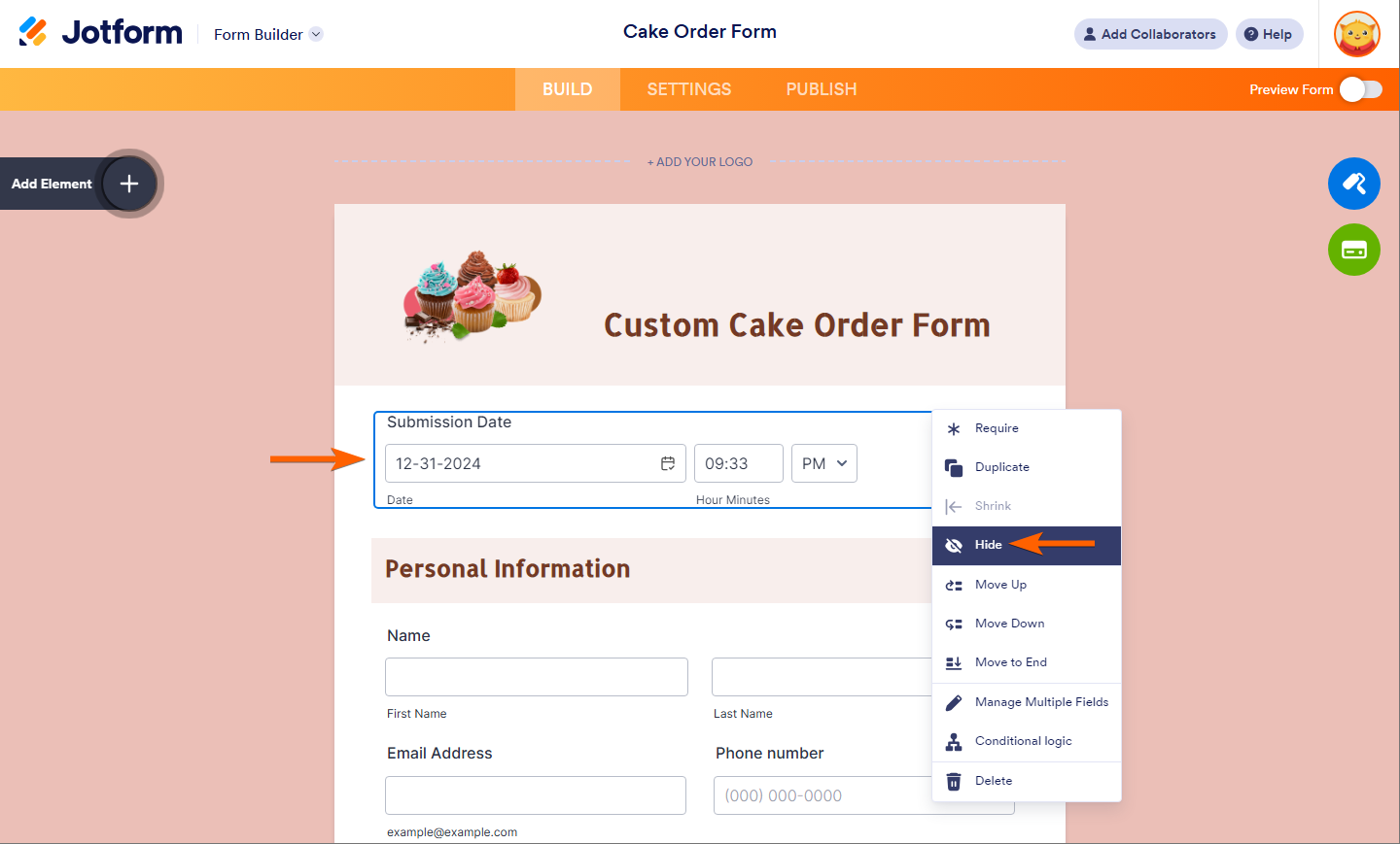 Hide option in the Context menu of a selected field in Jotform Form Builder