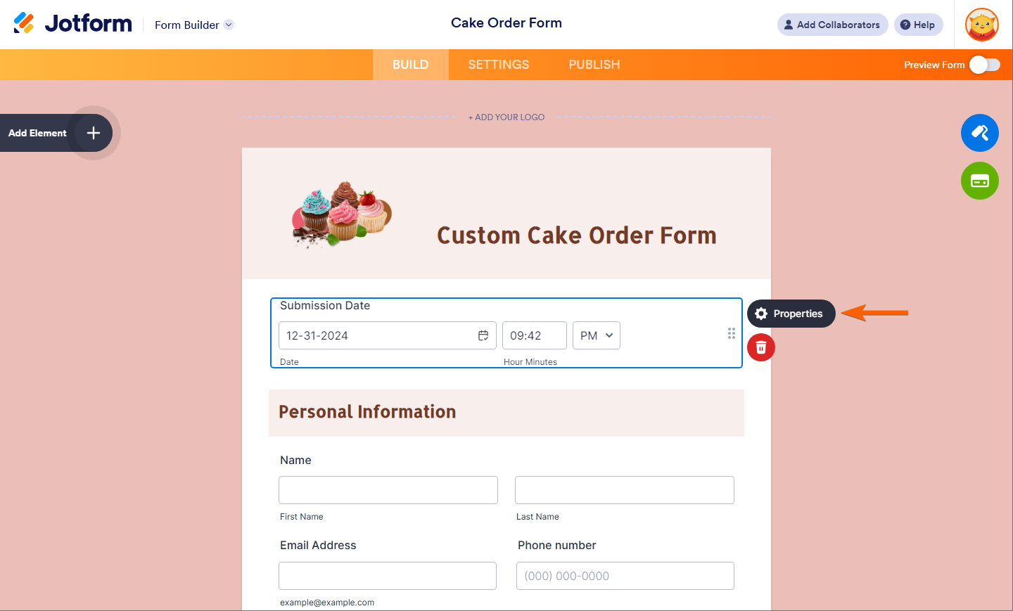 Properties button of a selected field in Jotform Form Builder