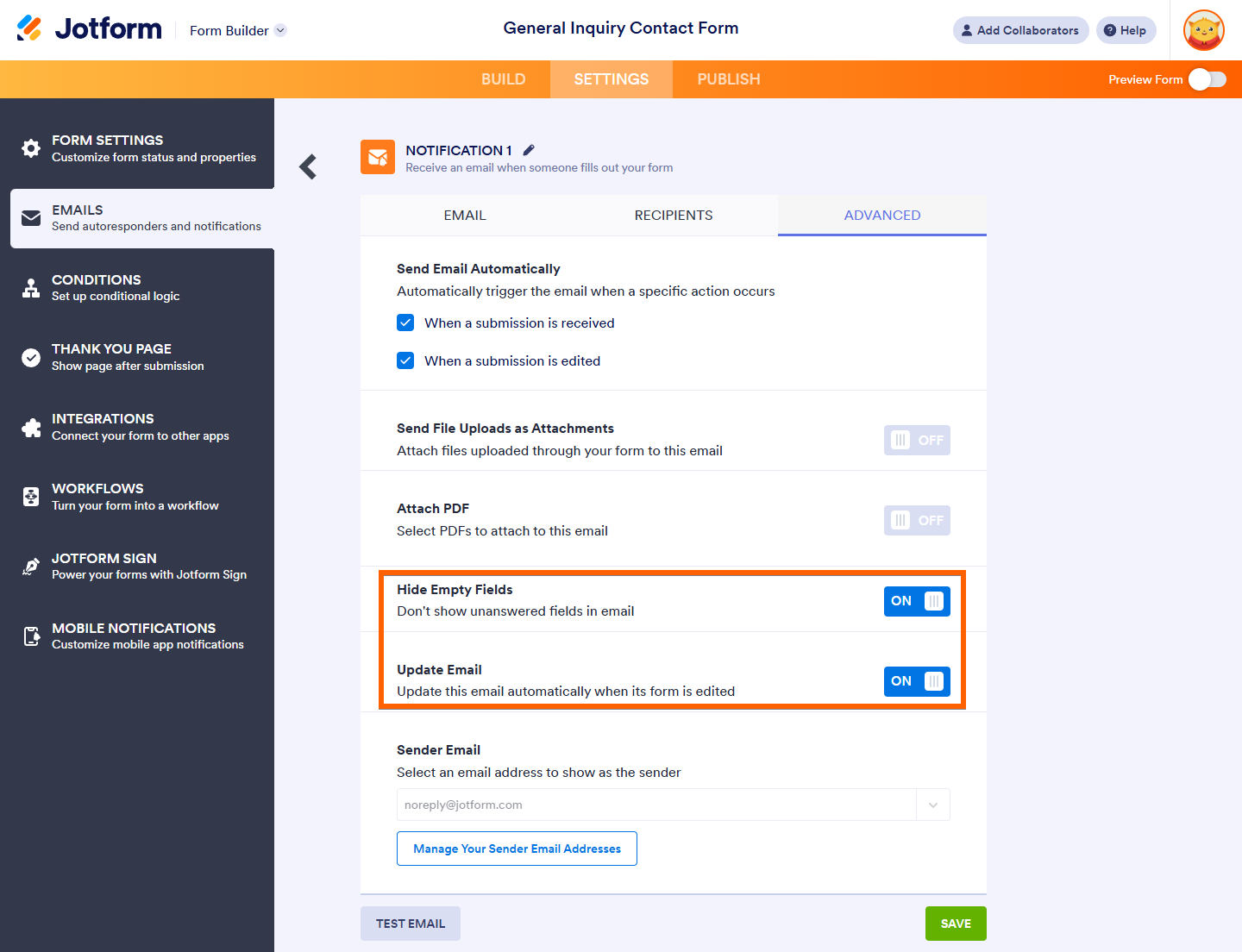 Pestaña Avanzada de la configuración de correo electrónico de notificación en la sección de correos de la pestaña de configuración en el Form Builder de Jotform