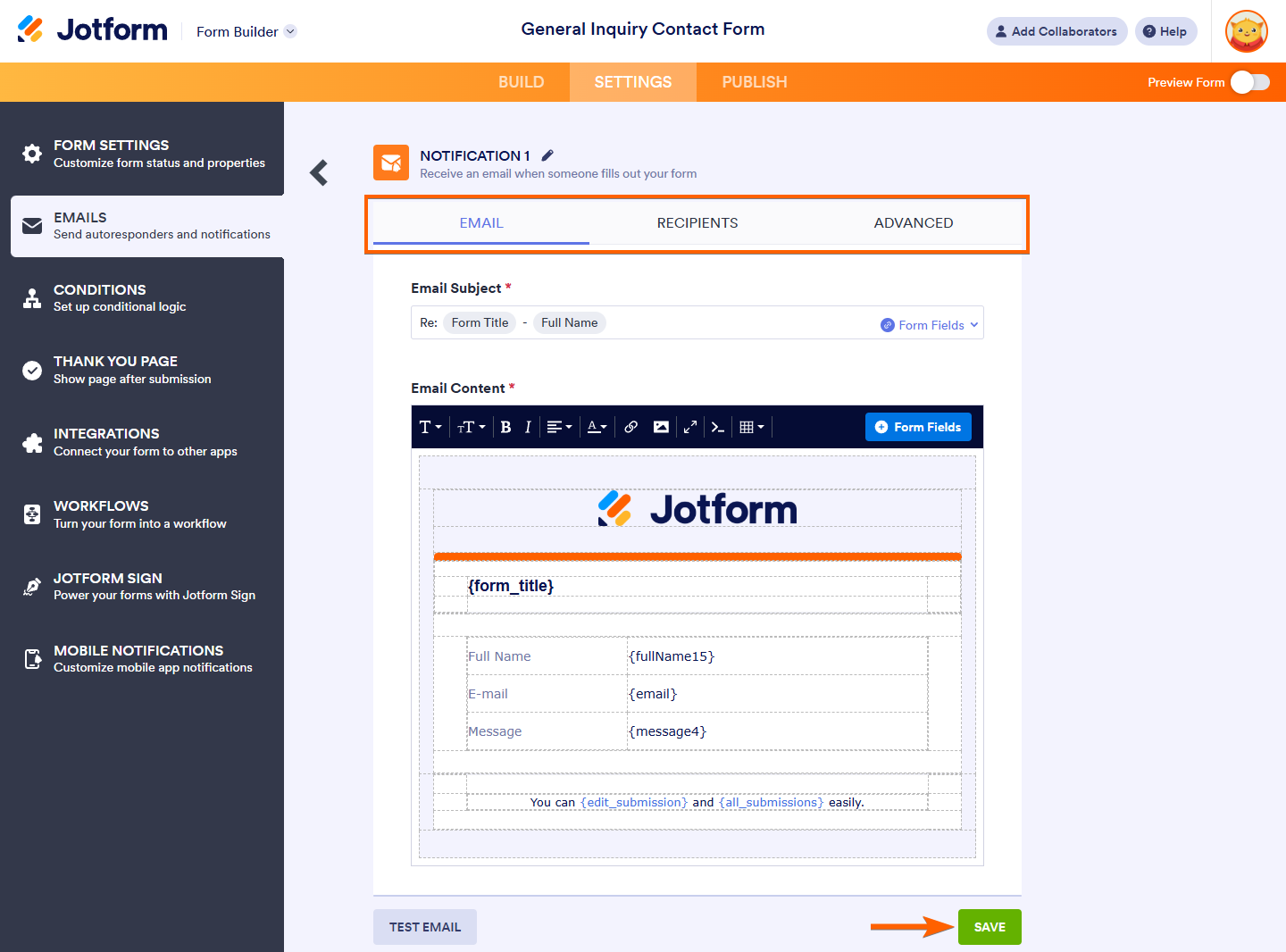 Diferentes pestañas y botón de guardar de la configuración de correo electrónico de notificación en la sección de correos de la pestaña de configuración en el Form Builder de Jotform
