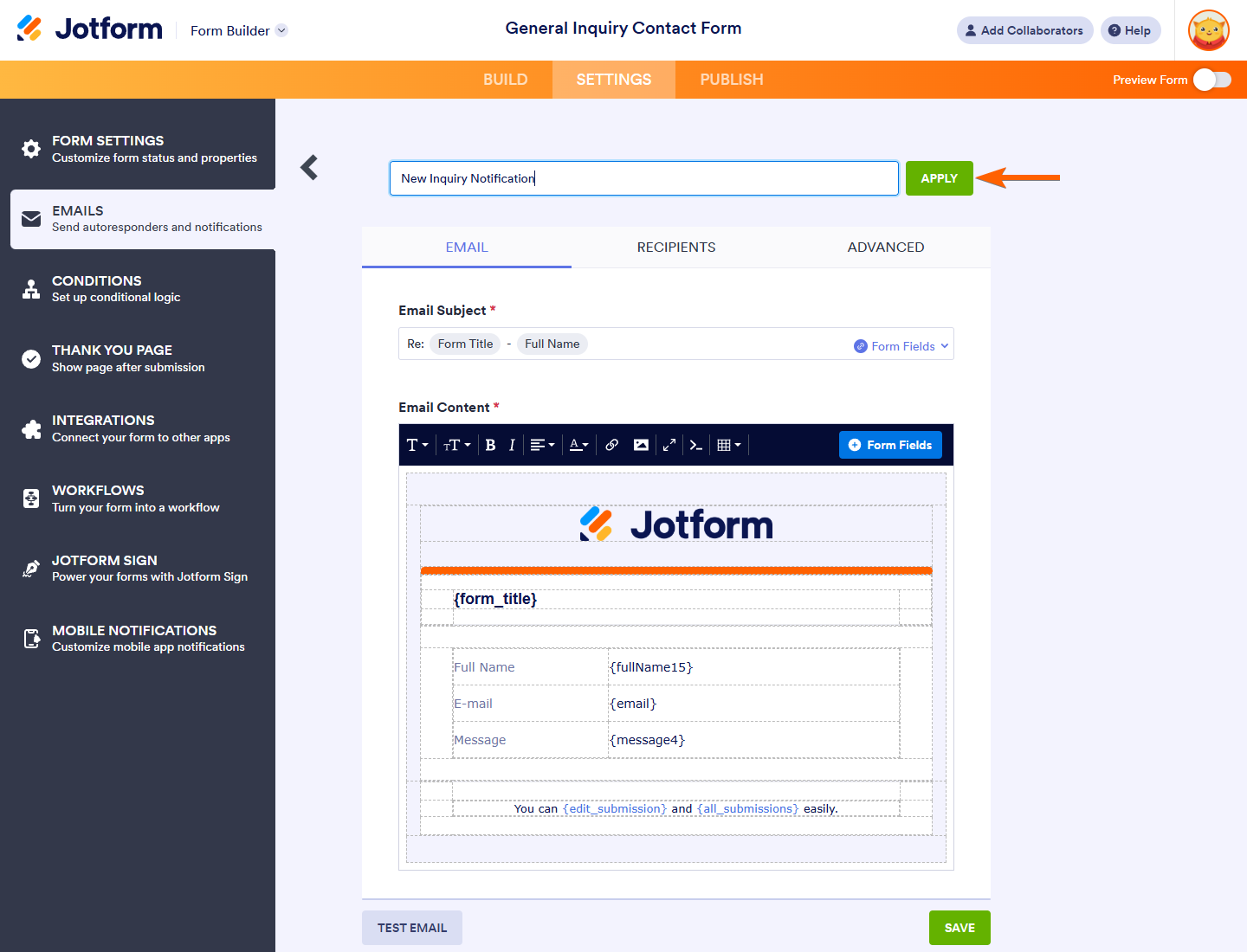 Botón Aplicar del nombre de la plantilla de correo electrónico de notificación en la sección de correos de la pestaña de configuración en el Form Builder de Jotform