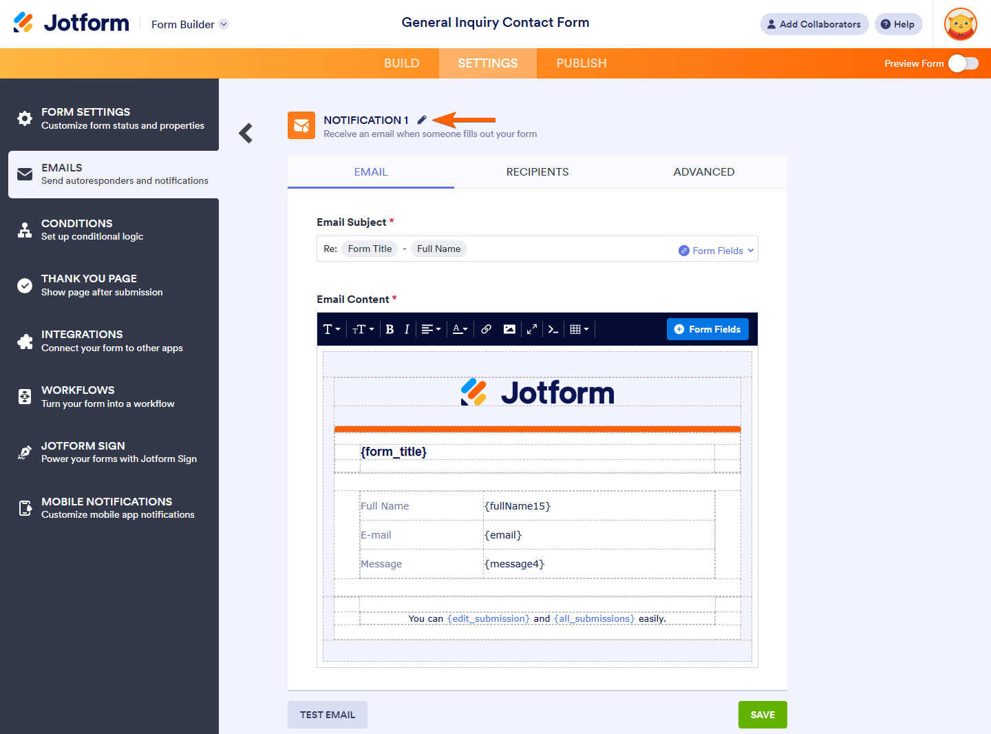 Botón de edición del nombre de la plantilla de correo electrónico de notificación en la sección de correos de la pestaña de configuración en el Form Builder de Jotform