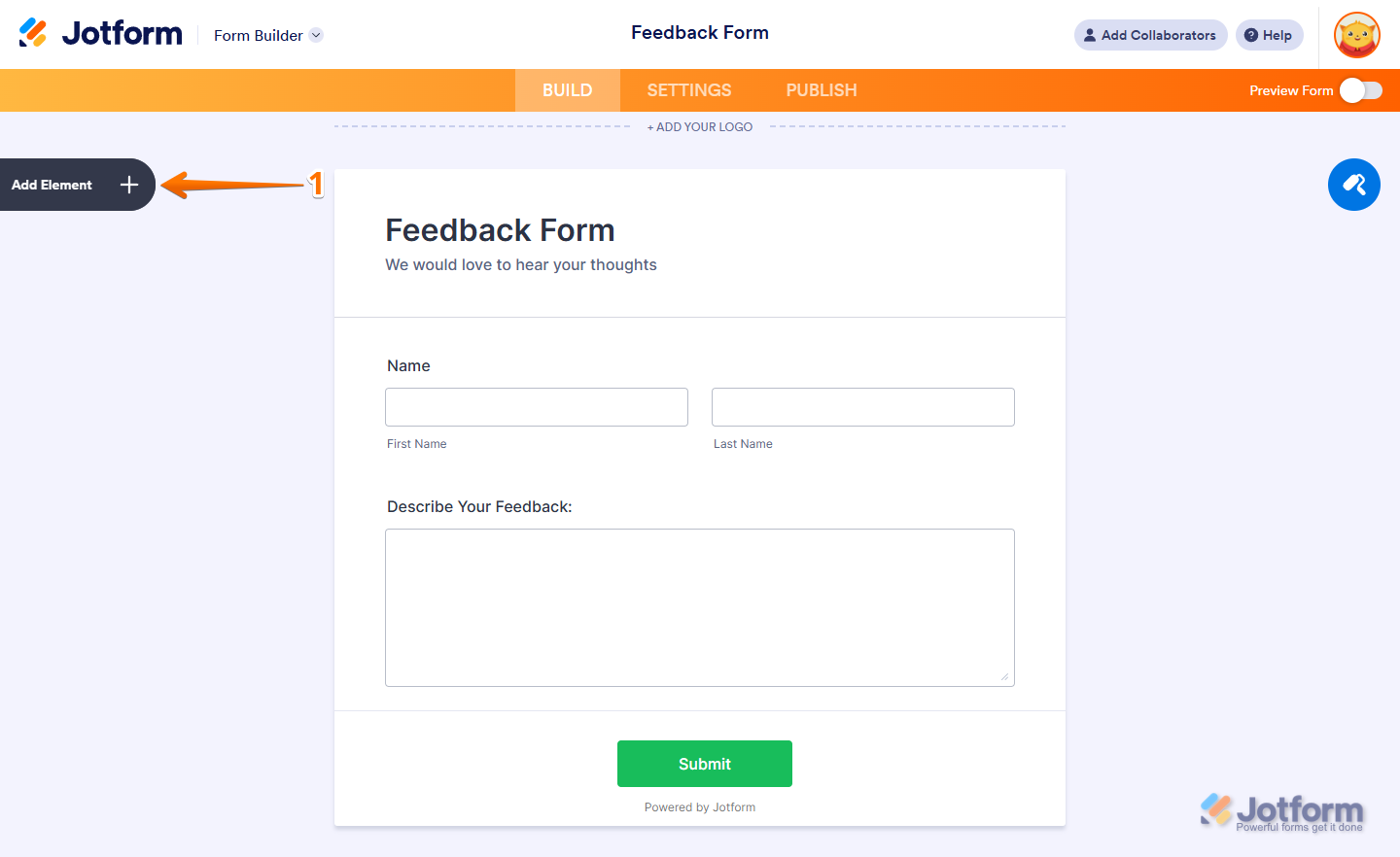 Haz clic en Añadir Elemento en el Constructor de Formularios de Jotform
