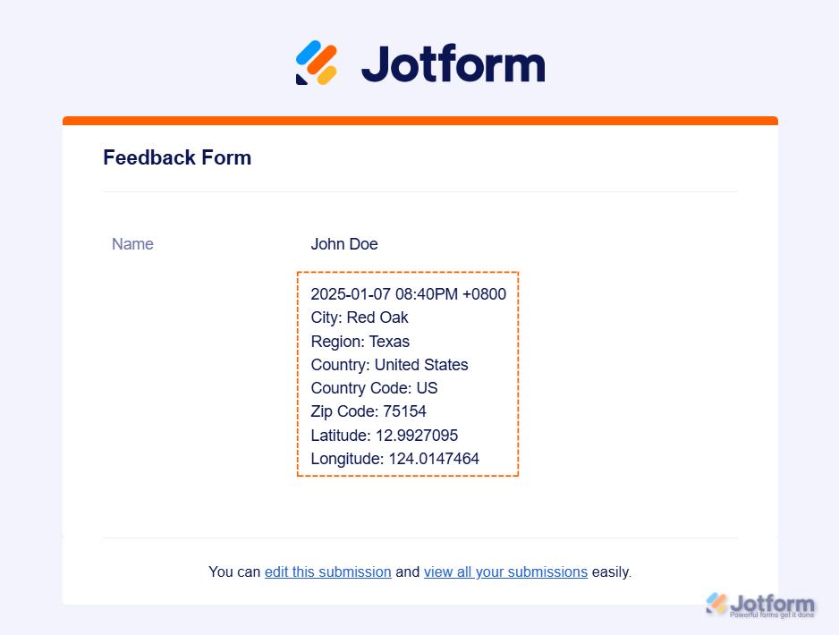Correo electrónico de Jotform mostrando la ubicación del remitente desde Sello Geográfico