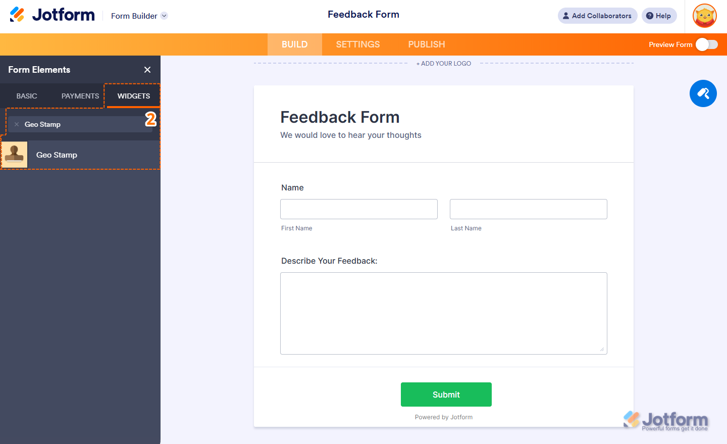 Busca Sello Geográfico bajo Widgets en el Constructor de Formularios de Jotform