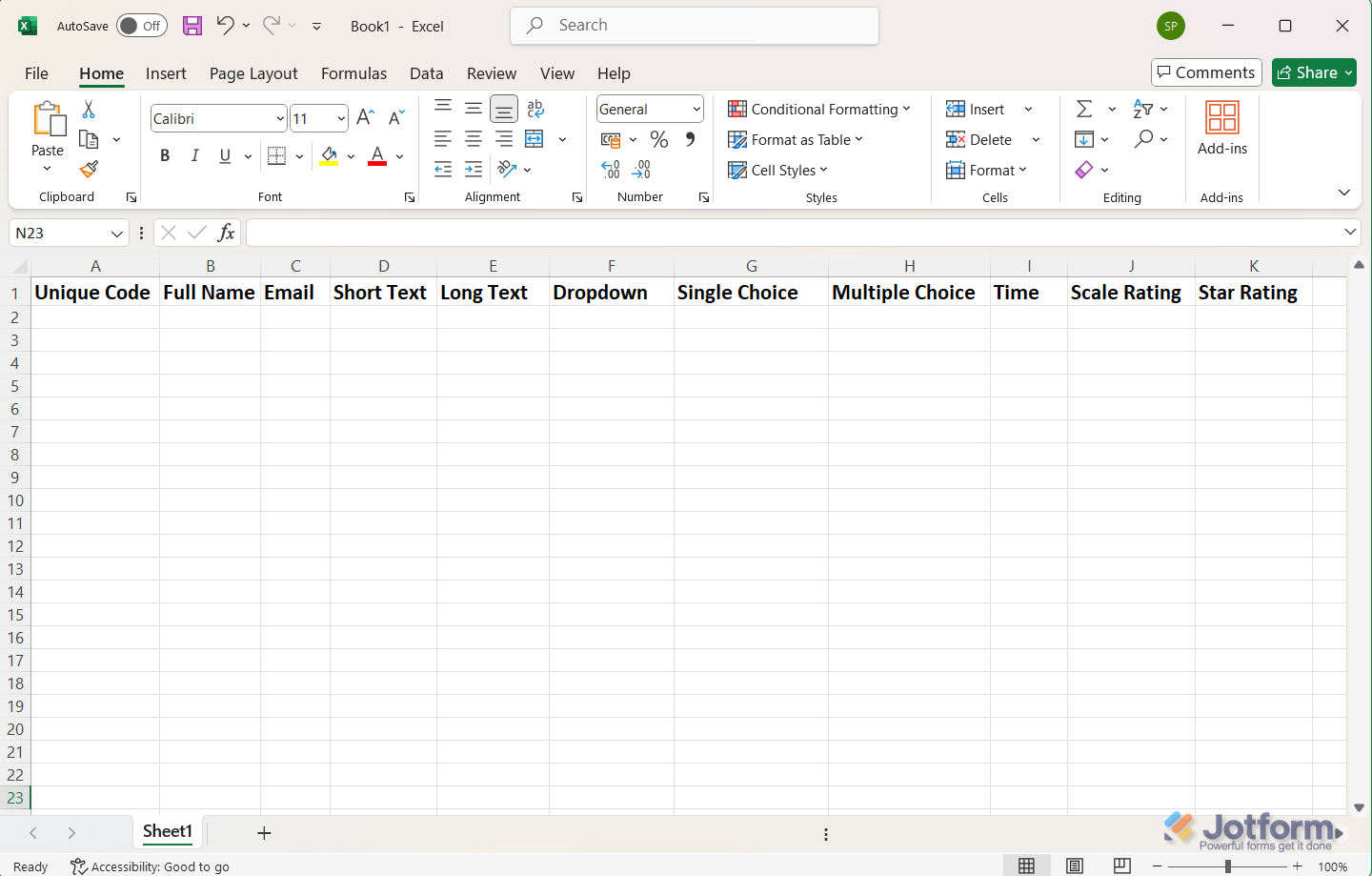 Spreadsheet File with Sampel Column Names to be use in the Spreadsheet to Form Widget in Jotform