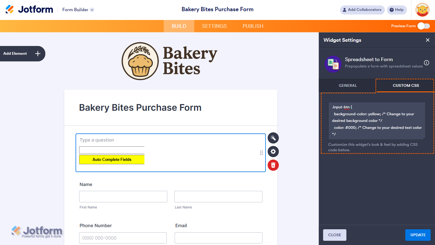 Apply custom styles to your form widget through the CSS tab in Jotform