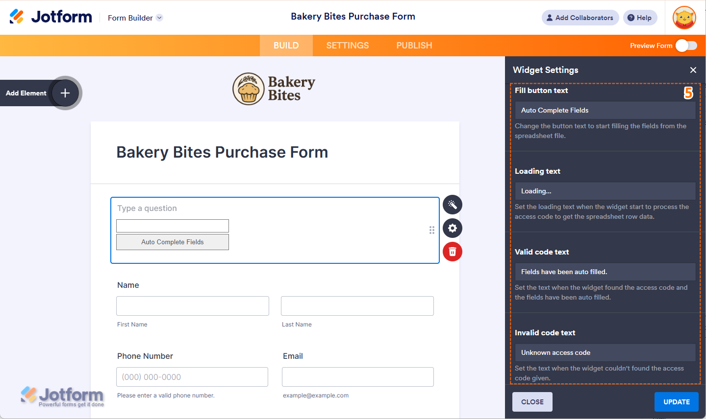 Customize fill button, loading text, valid and invalid code text in Spreadsheet to Form widget in Jotform