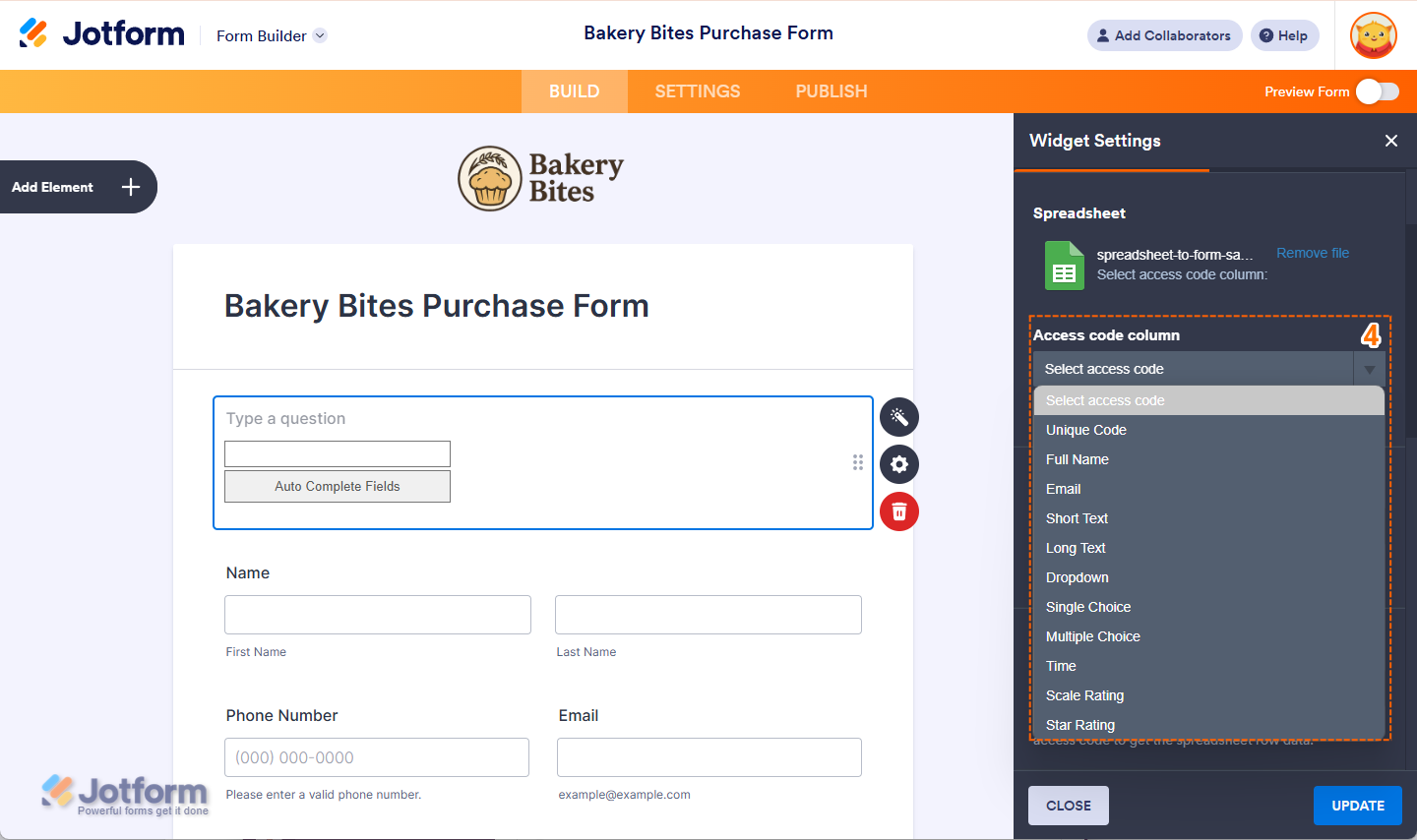 Select the Access Code column from your uploaded spreadsheet in Jotform
