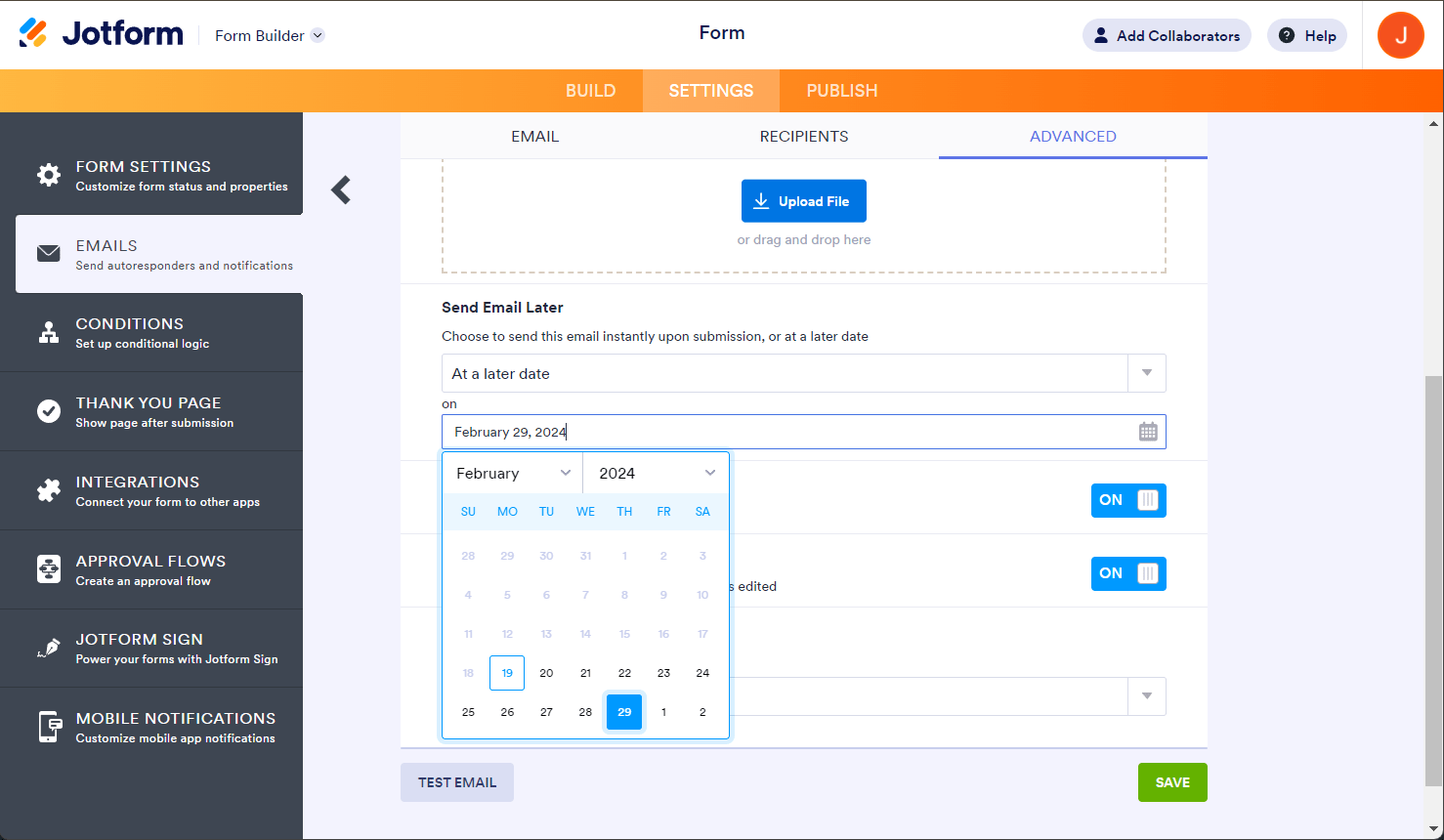 Send Email at a later date option in the Autoresponder Email template settings of the Jotform Form Builder