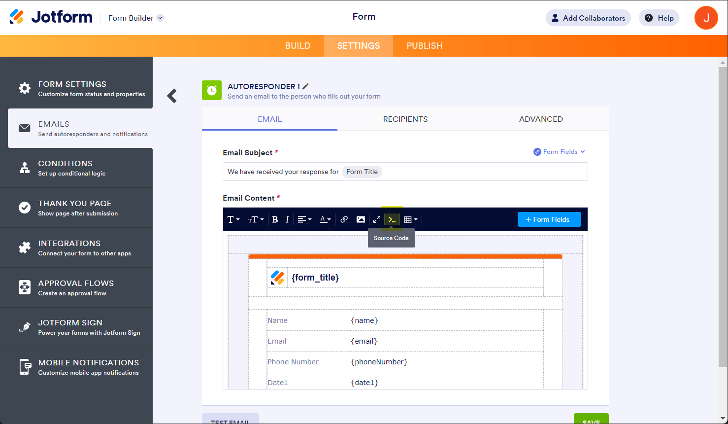 Source code viewer of the autoresponder email template in Jotform Form Builder