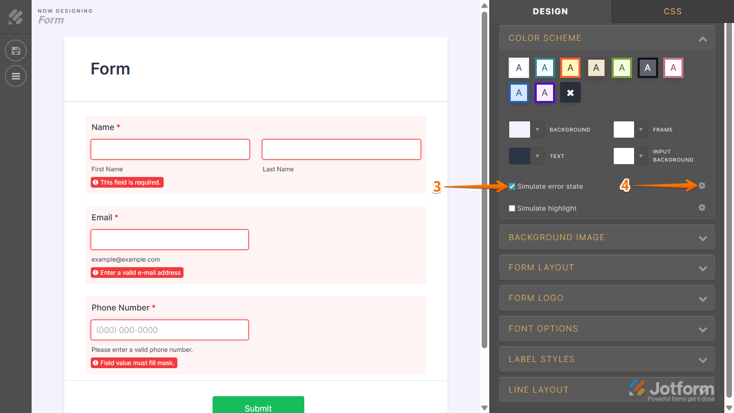 Advanced Designer tab opened in Form Designer to further customize the error state in Jotform**