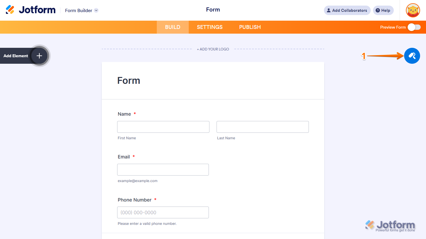 Customizing the field highlight effect in Jotform using the Form Designer Paint Roller icon