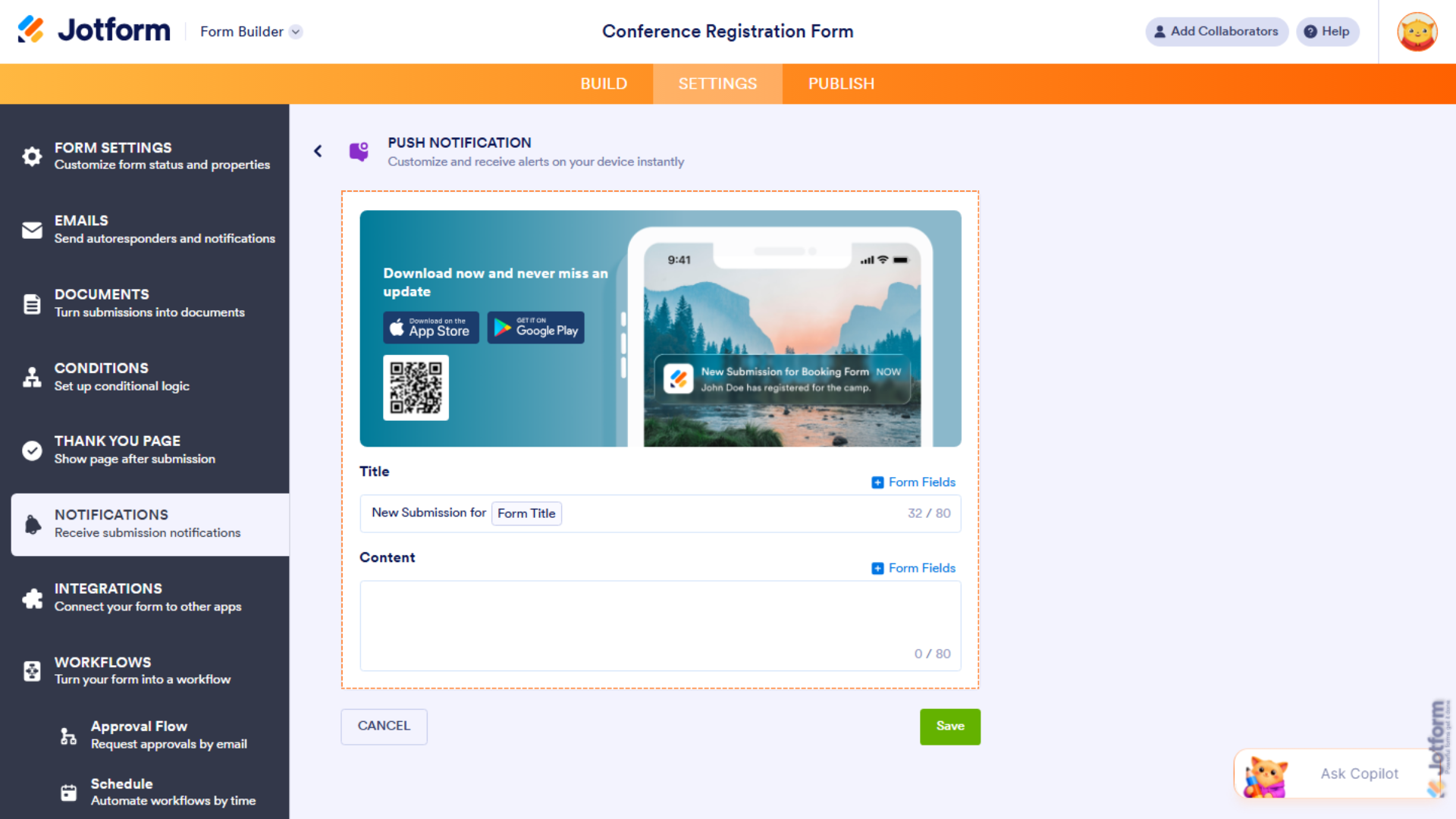 Jotform push notification alert displayed on a mobile device, notifying the user of a new form submission in real time