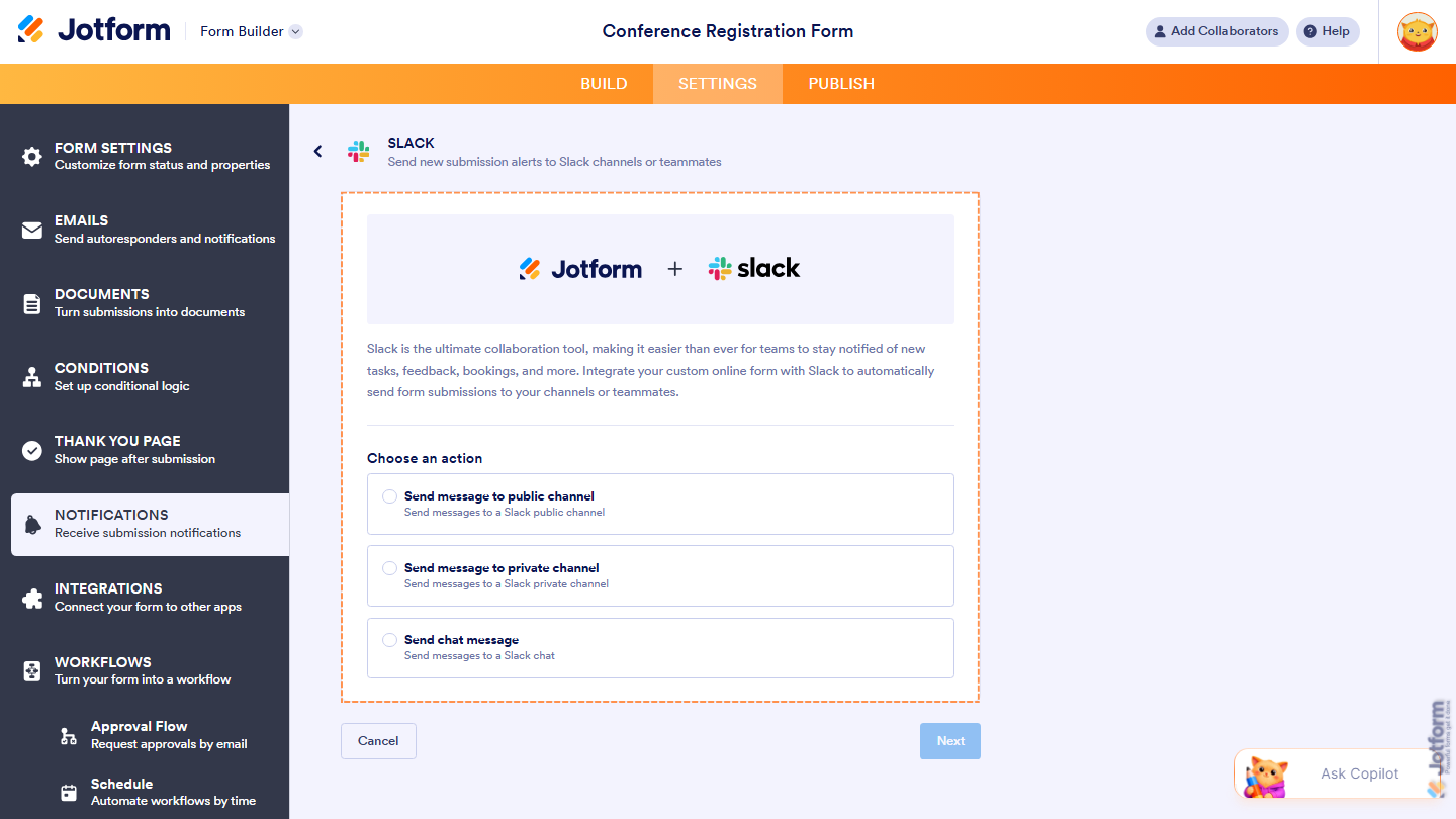 Slack workspace channel displaying a Jotform notification message for a new form submission, helping team members stay informed and respond quickly to incoming responses