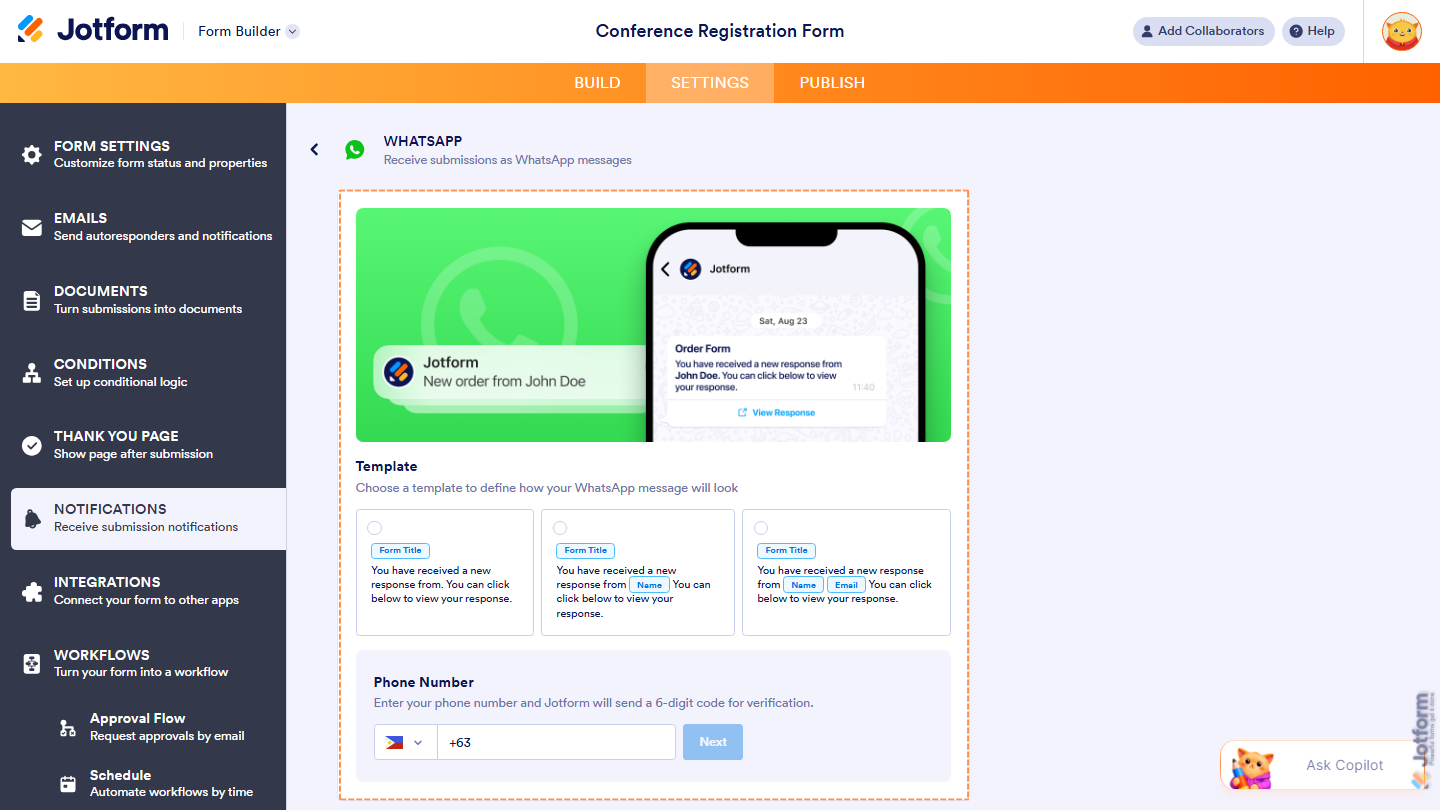 Mobile device displaying a WhatsApp notification from Jotform for a new form submission, providing a convenient alternative to email alerts for staying updated on responses