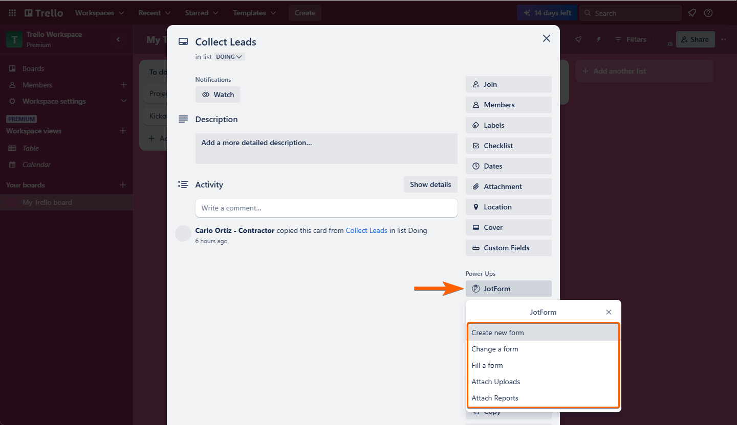 Haciendo clic en Jotform Powerups para seleccionar cualquiera de los detalles