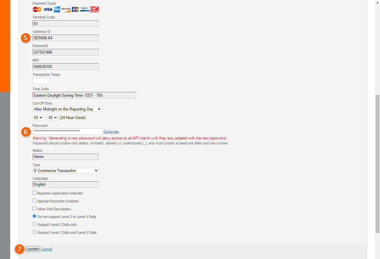 Settings window of the First Data terminal with the Gateway ID, Password, and the button to update the settings