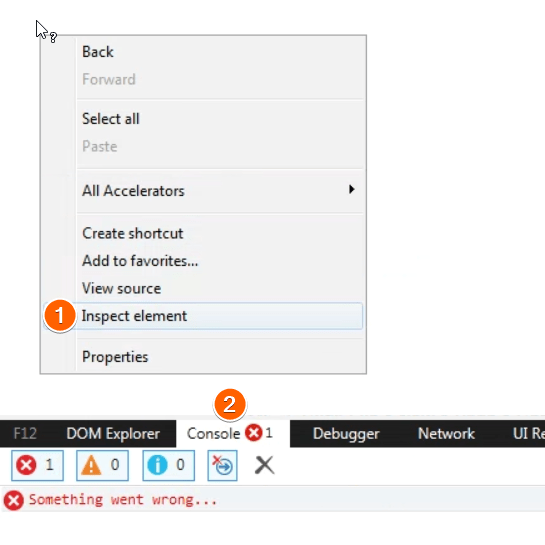 Capture d'écran des étapes pour afficher les journaux de la console dans Internet Explorer
