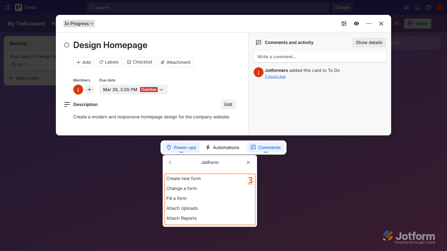 Jotform Power-Ups panel showing form actions list in Trello