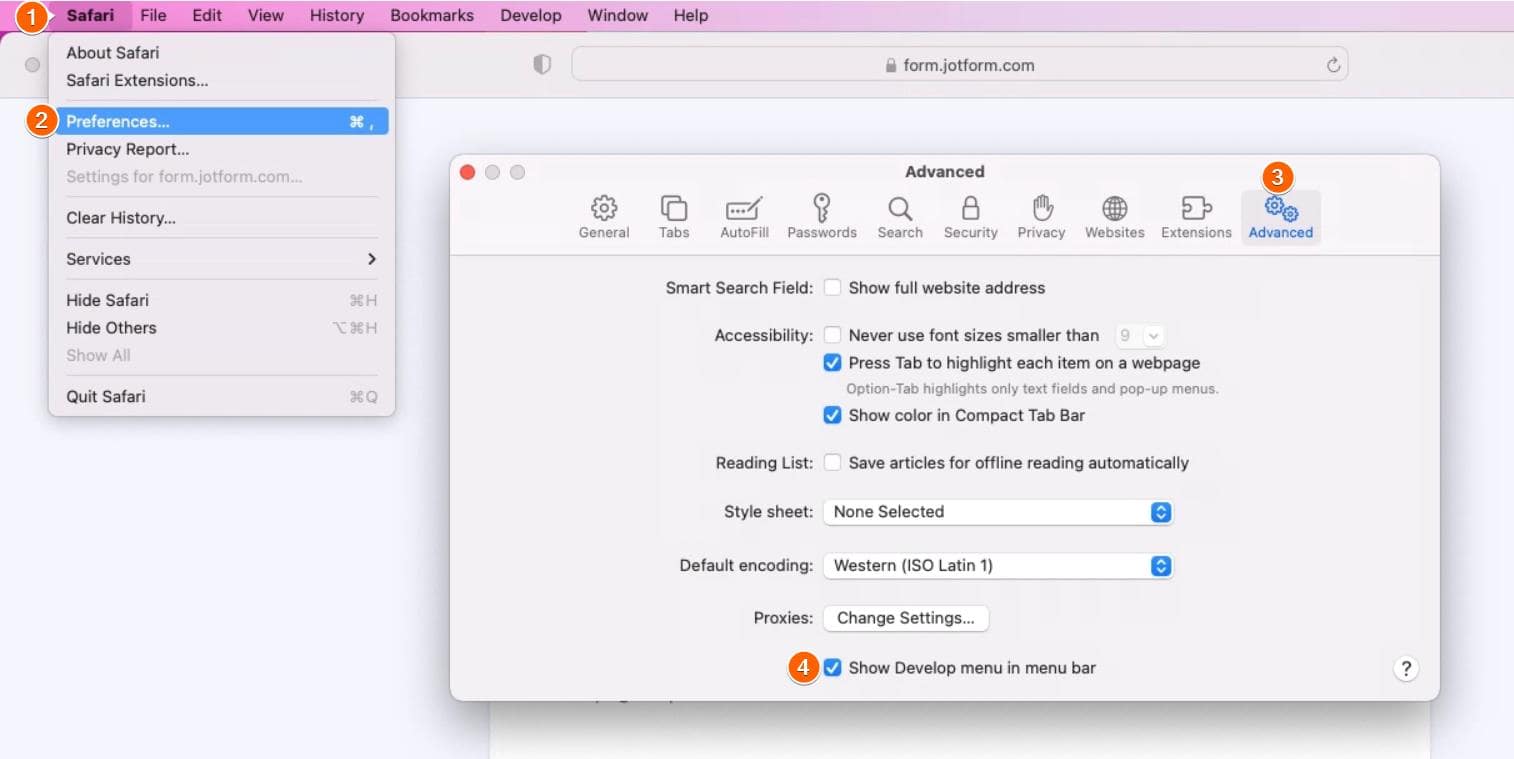 Capture d'écran des étapes pour activer l'option « Afficher le menu Développement dans la barre de menus » dans Safari