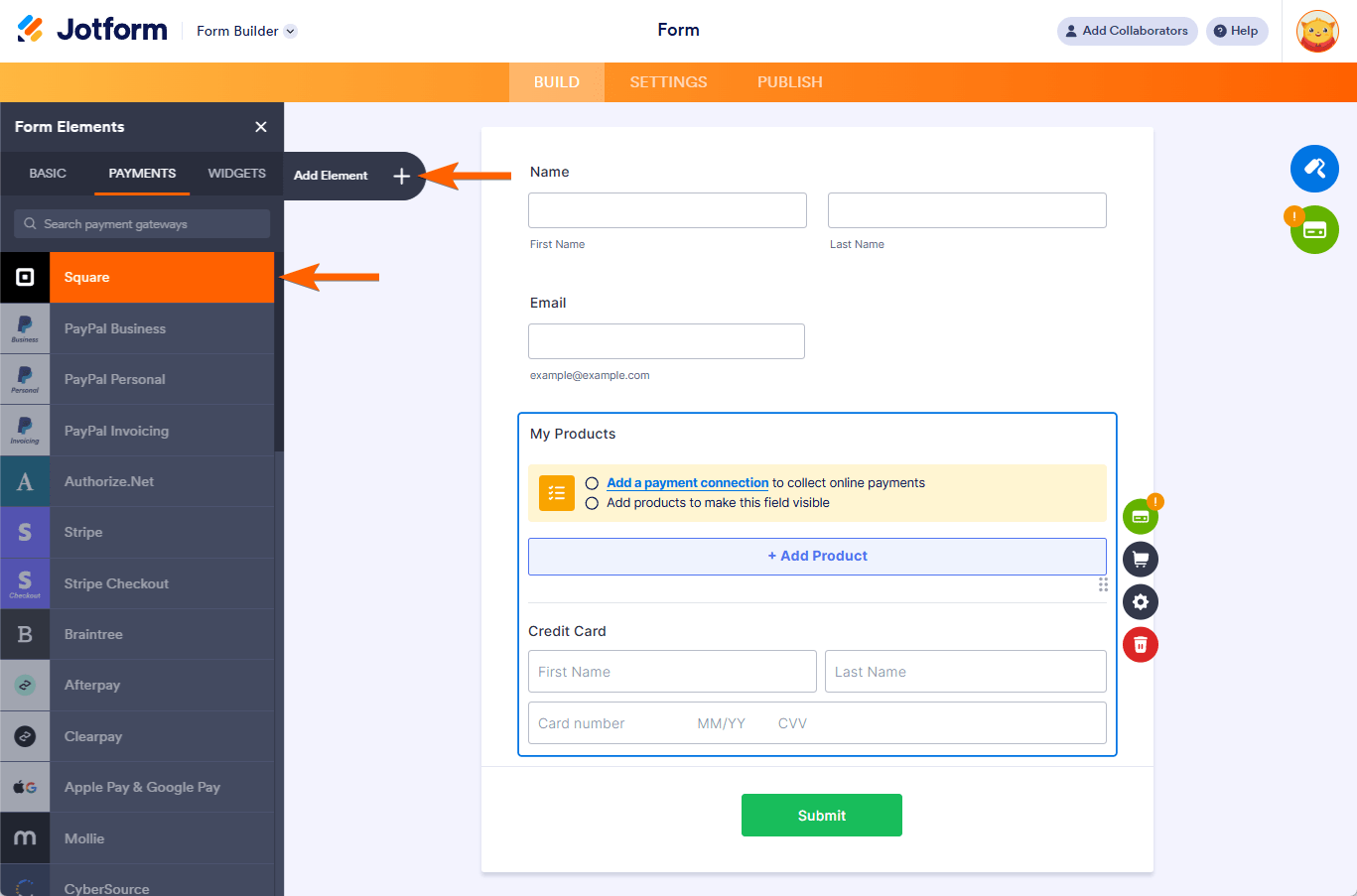 Pasarela de pago Square en el Constructor de Formularios Jotform