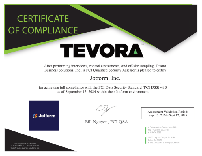 Jotform es ahora un Proveedor de servicios PCI DSS de nivel 1 Image-1