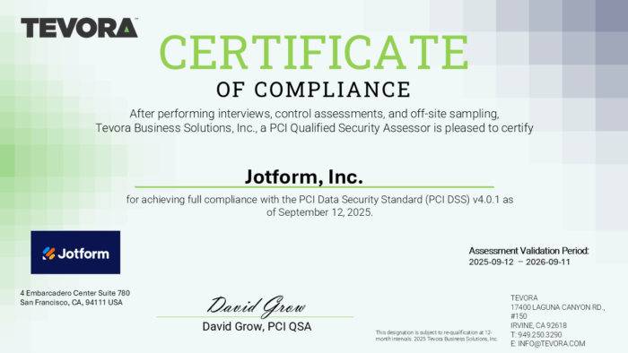 Jotform is PCI DSS Service Provider Level I Compliant Image-1