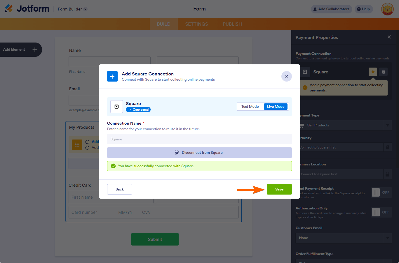 Botón de guardar en la configuración de Agregar Conexión Square