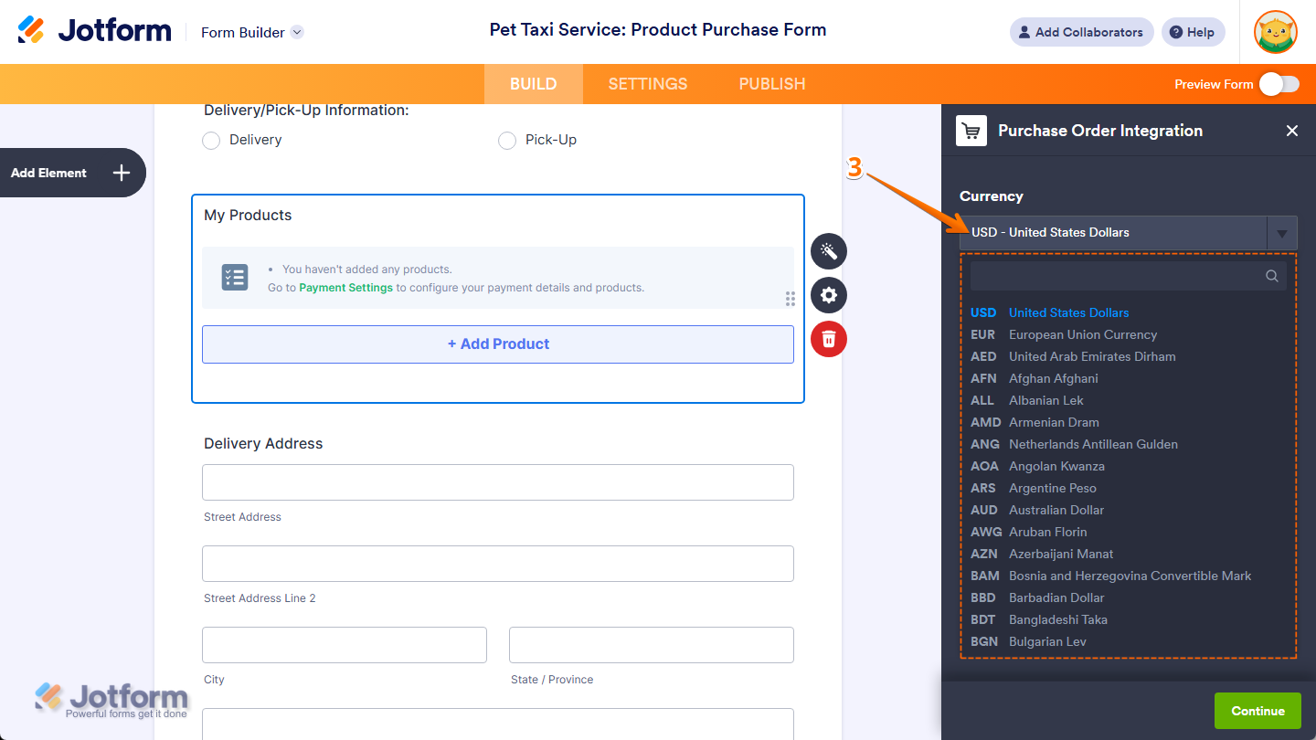 Currency Dropdown menu of the Purchase Order Integration window in Jotform Form Builder