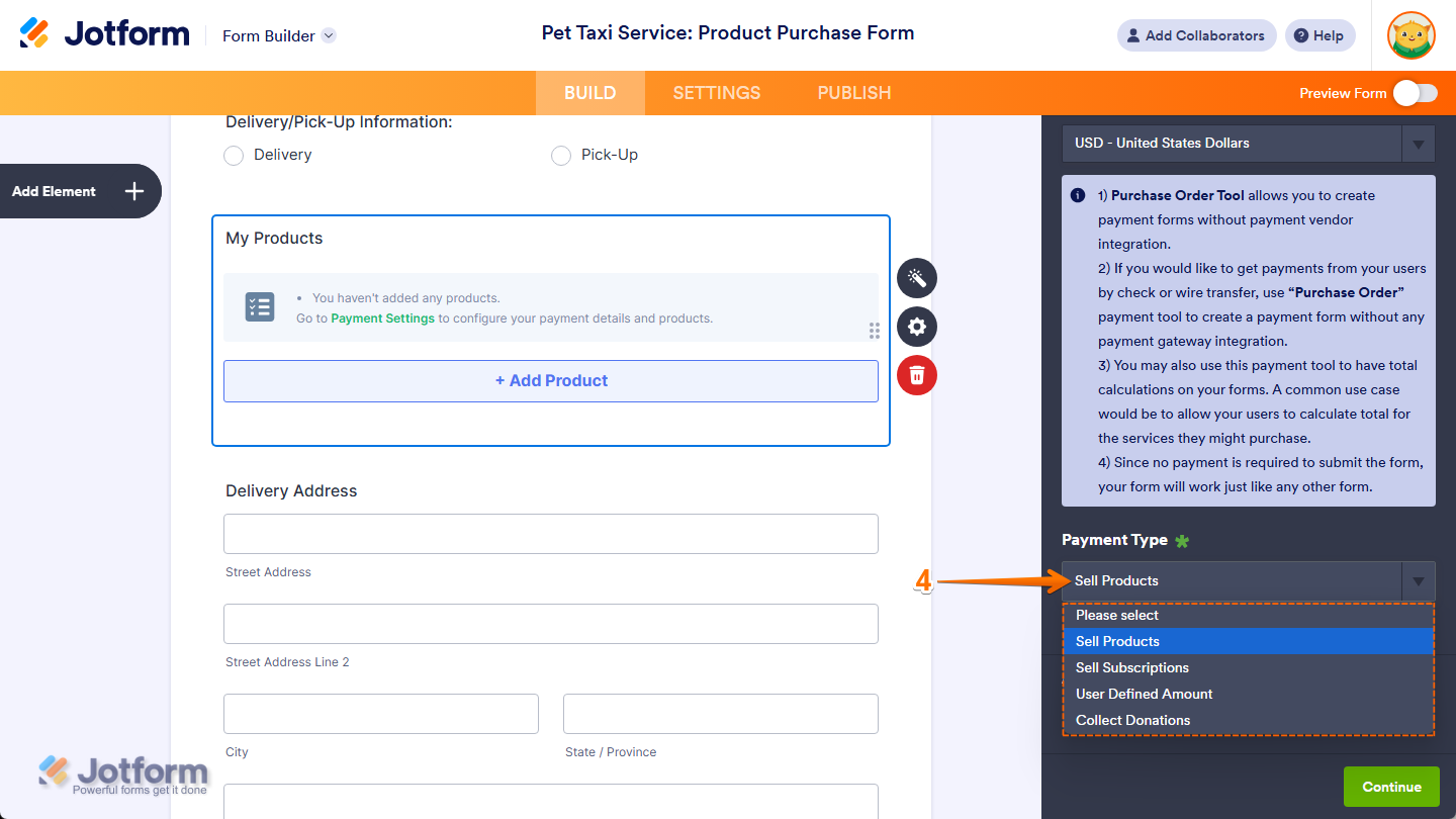 Payment Type Dropdown menu of the Purchase Order Integration window in Jotform Form Builder
