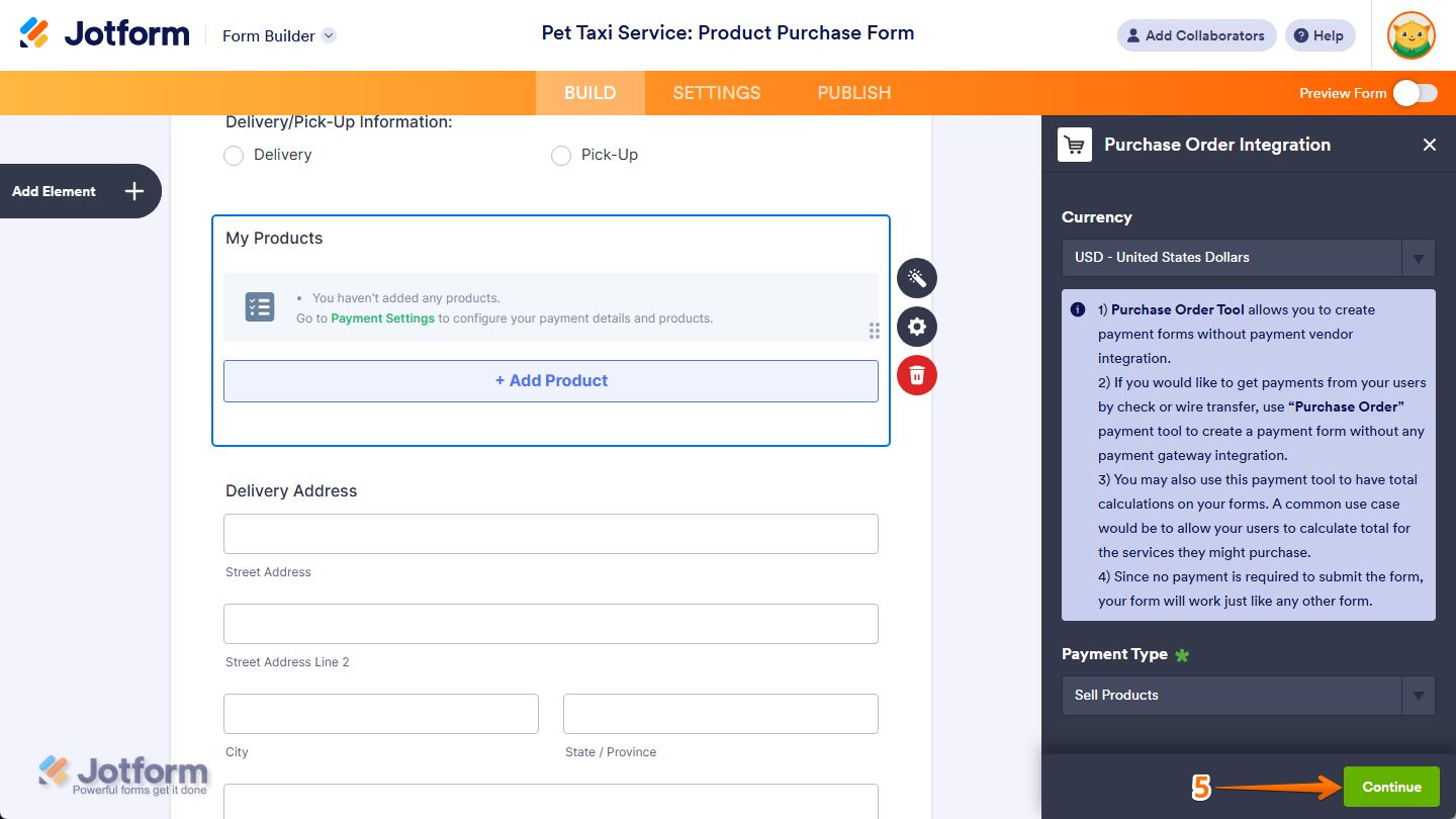 Continue button of the Purchase Order Integration window in Jotform Form Builder