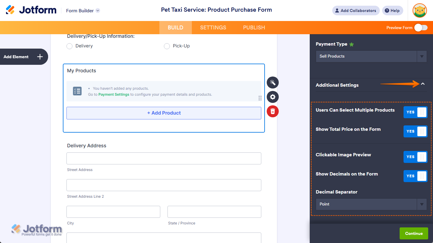 Additional Settings of the Purchase Order Integration window in Jotform Form Builder