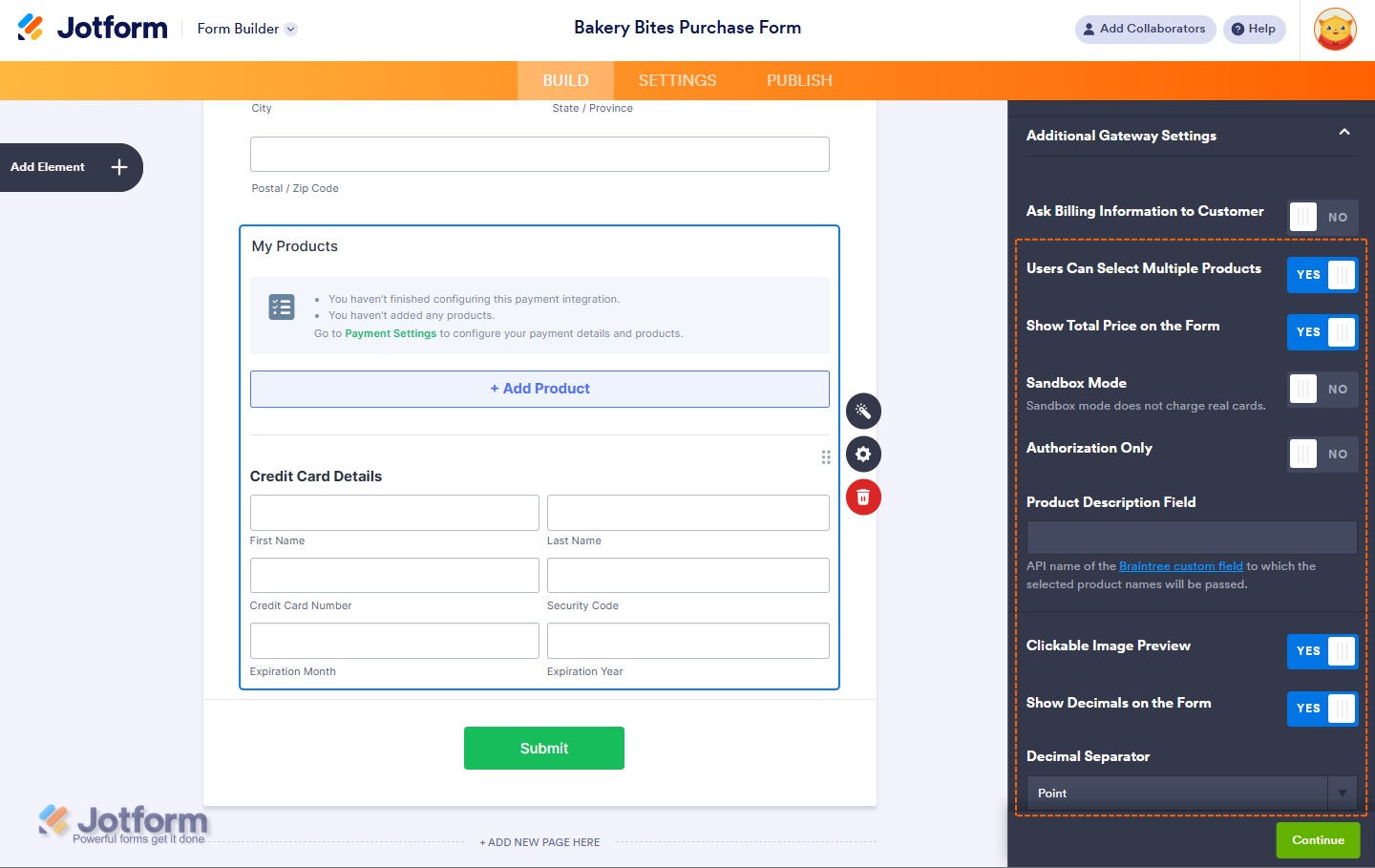 Configure Braintree settings like multiple product selection, total price display, sandbox mode, authorization, and decimal options in Jotform