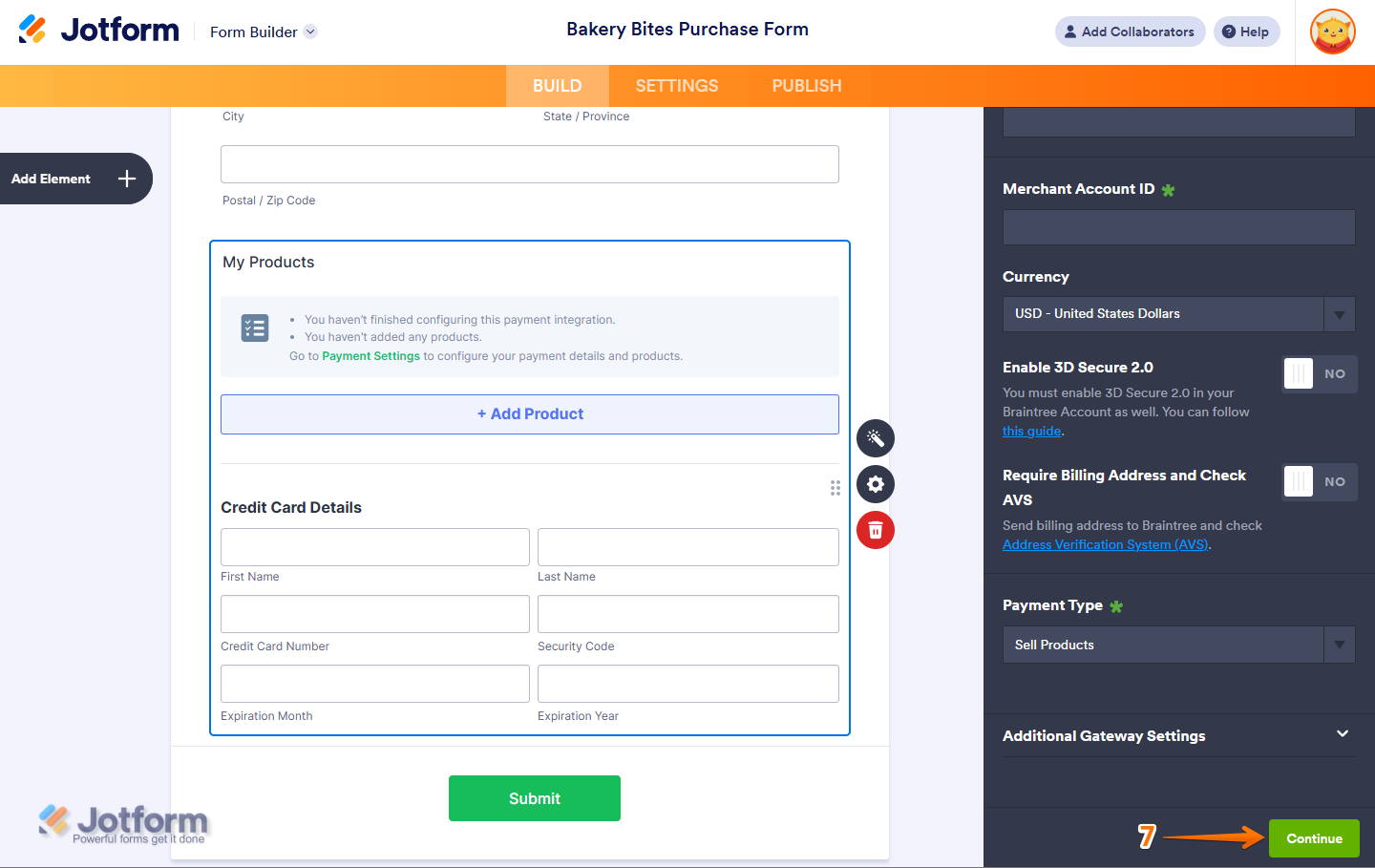 Click Continue to create products or subscriptions, or click Save for user-defined or donation payments in Jotform