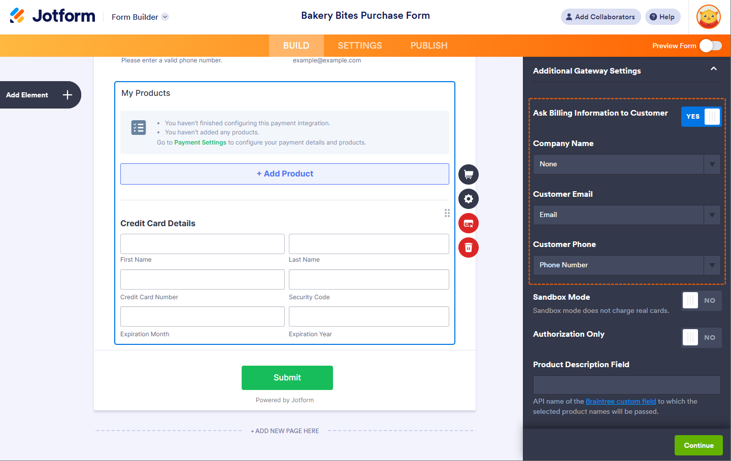 Expand Additional Gateway Settings in Braintree to match billing fields like company name, email, and phone in Jotform