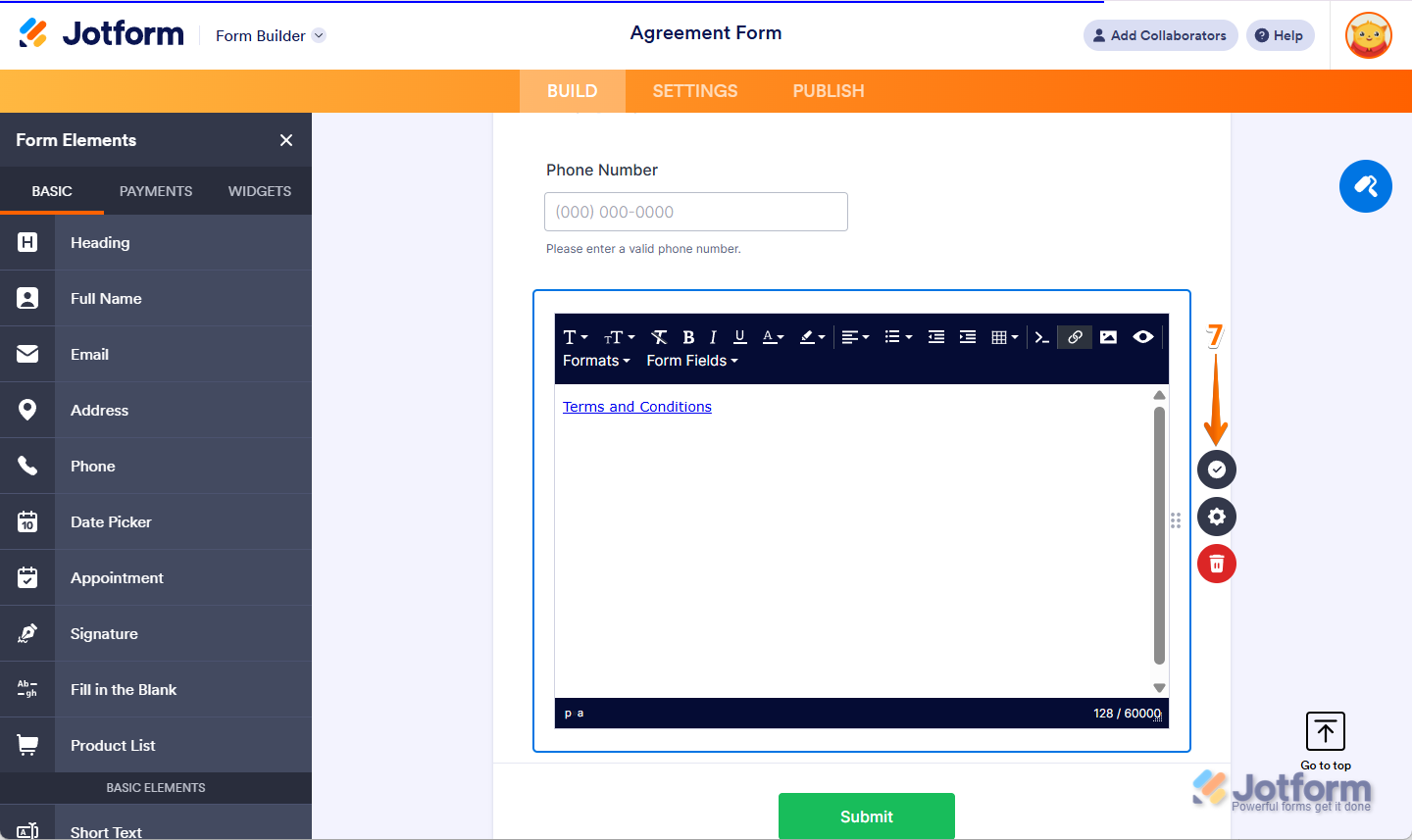 Jotform Paragraph Editor with the Encircled Checkmark icon on the right side