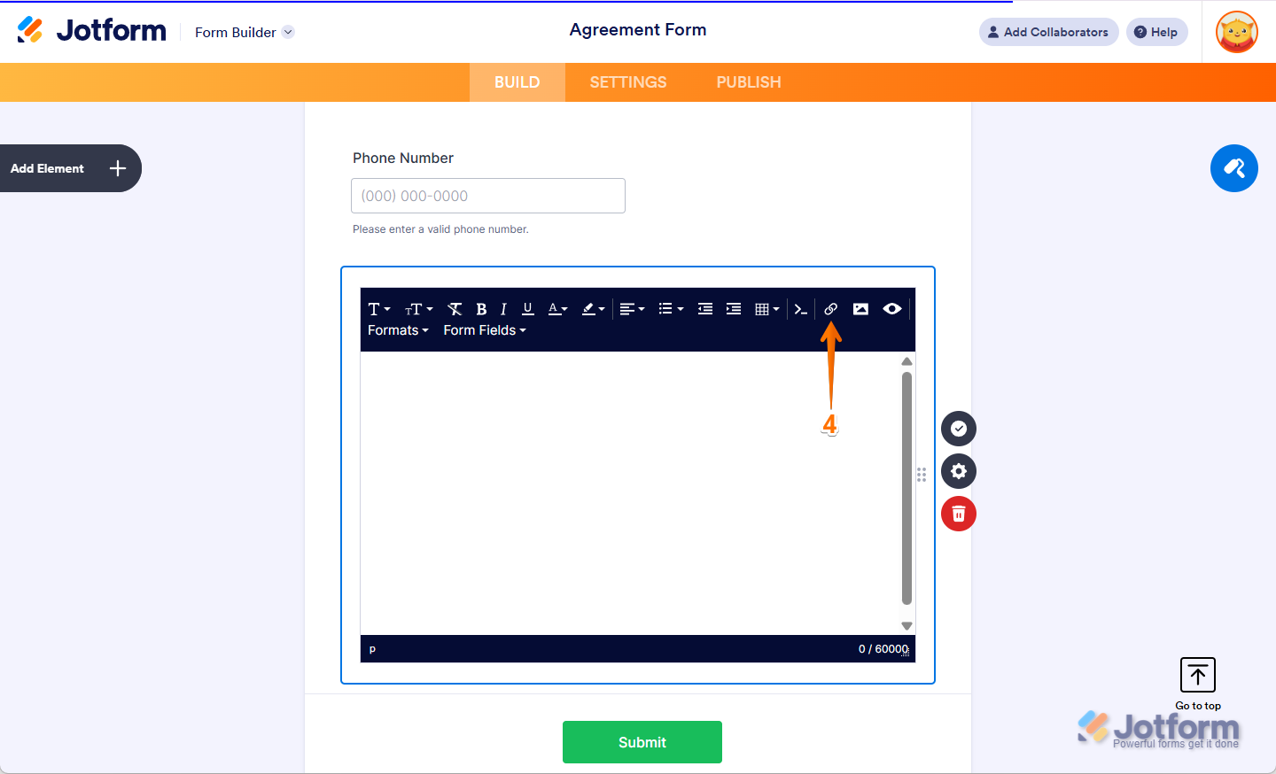 Jotform Form Builder with the Paragraph Editor open and the Hyperlink Icon in the top menu