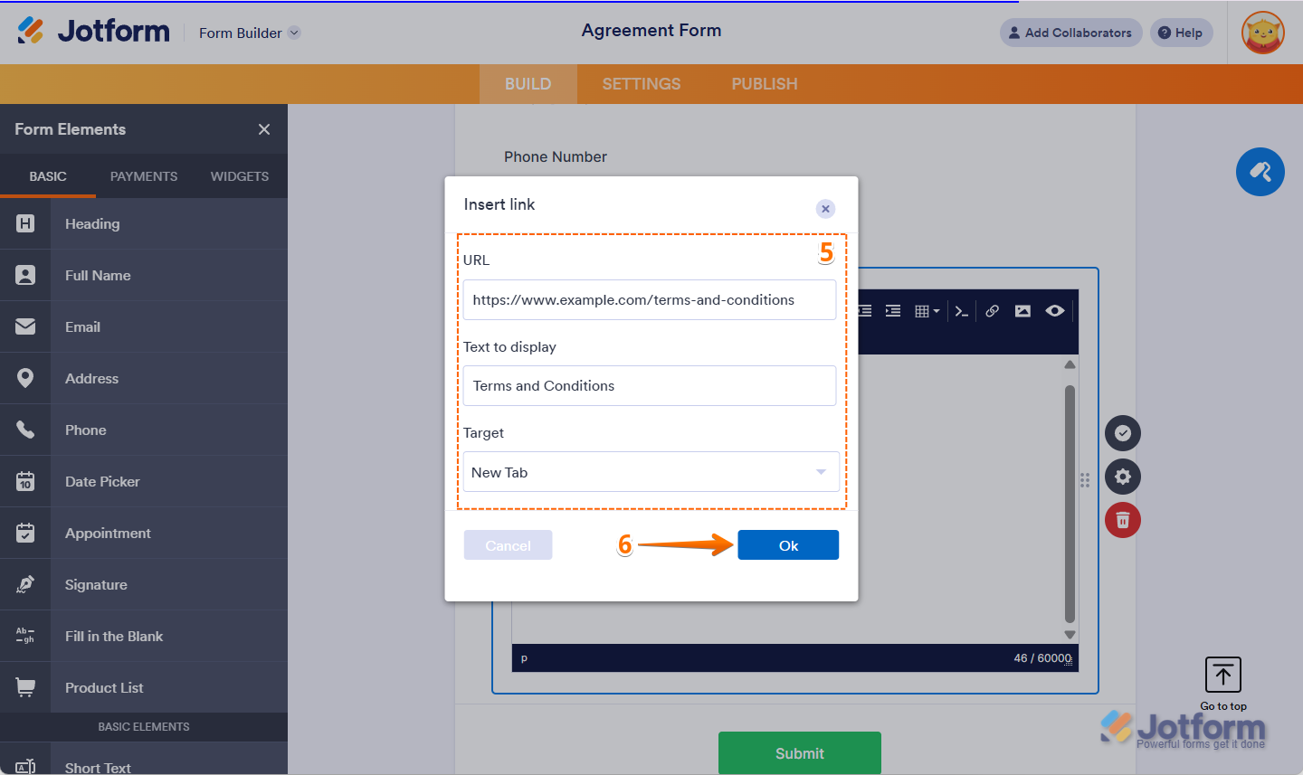 Jotform Paragraph Editor with the Hyperlink settings window open, showing fields for URL, Text to Display, and Target, with the 'OK' button