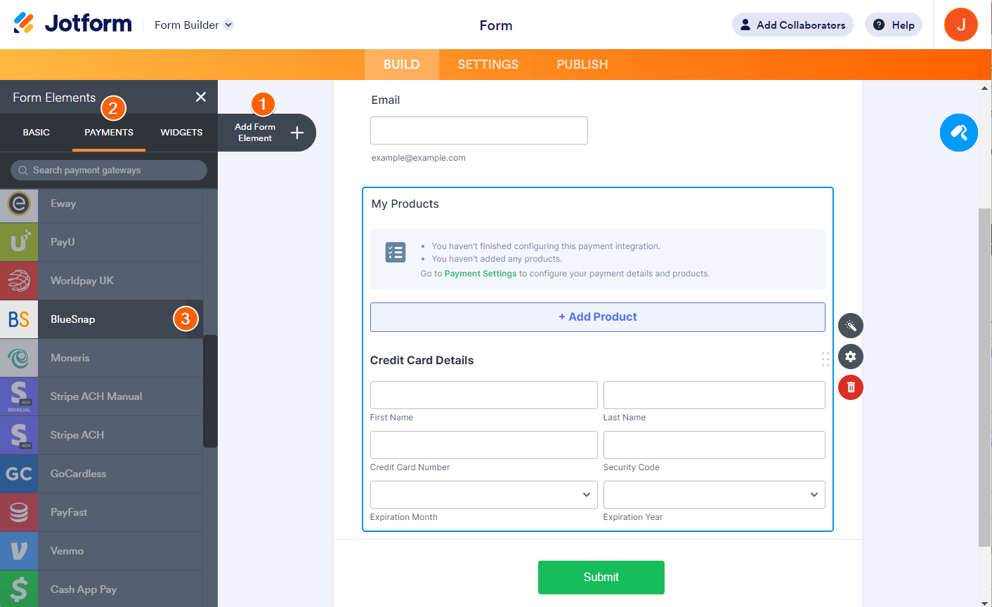 Form Builder Payments tab showing BlueSnap payment element selection in Jotform