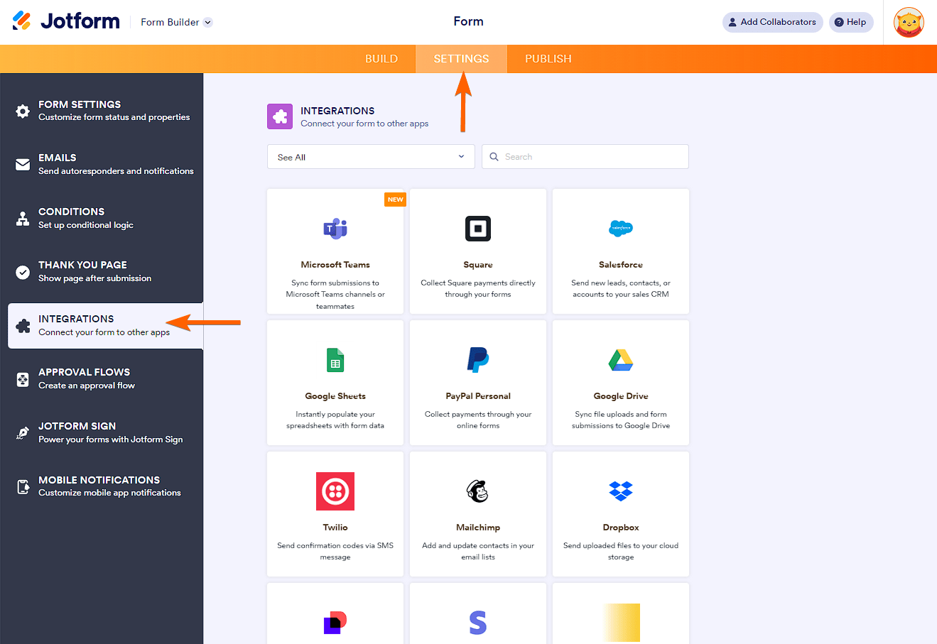 Sección de integraciones en el Creador de Formularios de Jotform