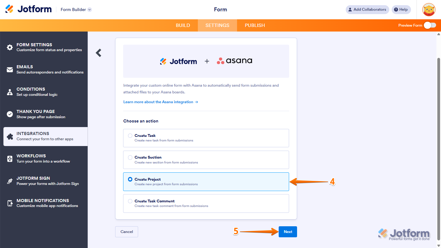 Selecting the Create Proejct action and clicking Next in the Asana integration setup in Jotform.
