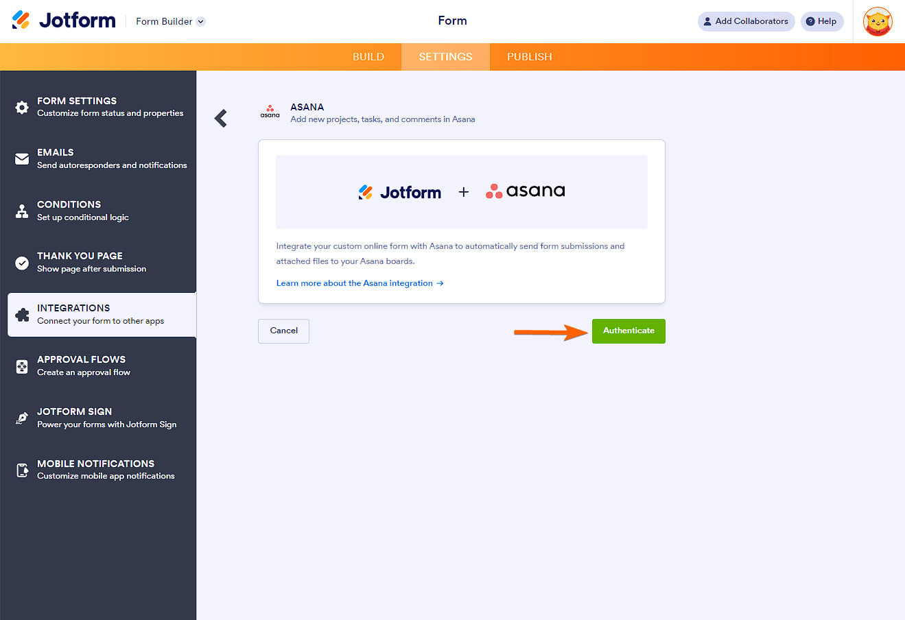 Botón Autenticar en la integración de Asana con Jotform